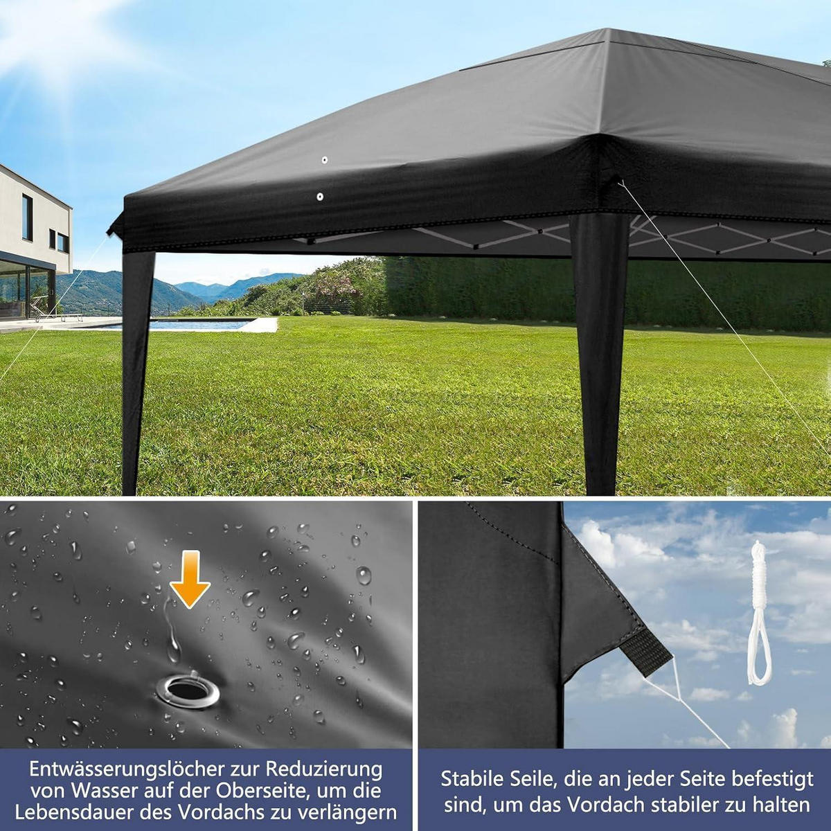 FALTPAVILLON 3 x 6 m Schwarz mit 6 Seitenteilen Wasserdicht UV-Schutz 50+ - Schwarz, Textil (300/255/600cm)