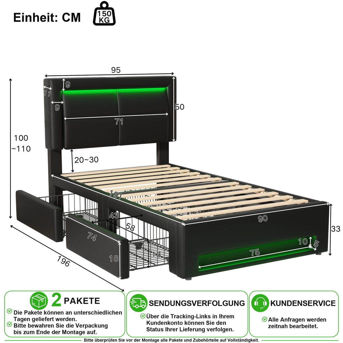 POLSTERBETT 90/190 cm in Schwarz mit 4 Schubladen, LED und USB Kunstleder - Schwarz, Holzwerkstoff/Textil (90/190cm) - CHICFURN