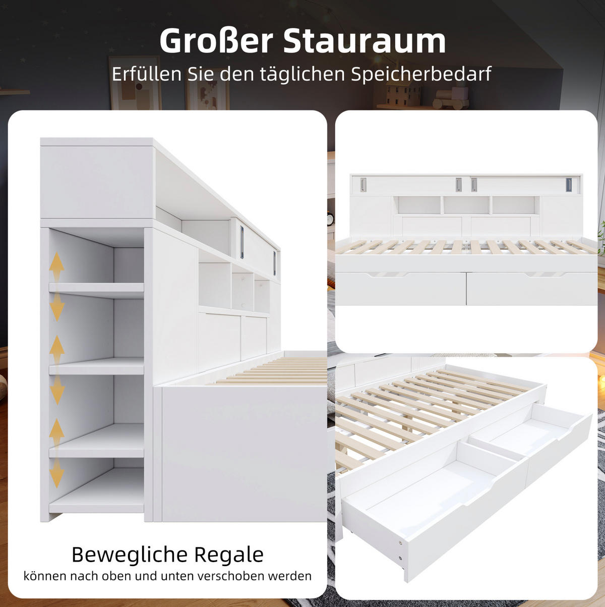 KINDERBETT aus MDF 140x190 cm Weiß mit 2 Schubladen, Schiebetürenschrank und verstellbaren Regalen - Weiß, Holzwerkstoff (140/190cm) - Modfu