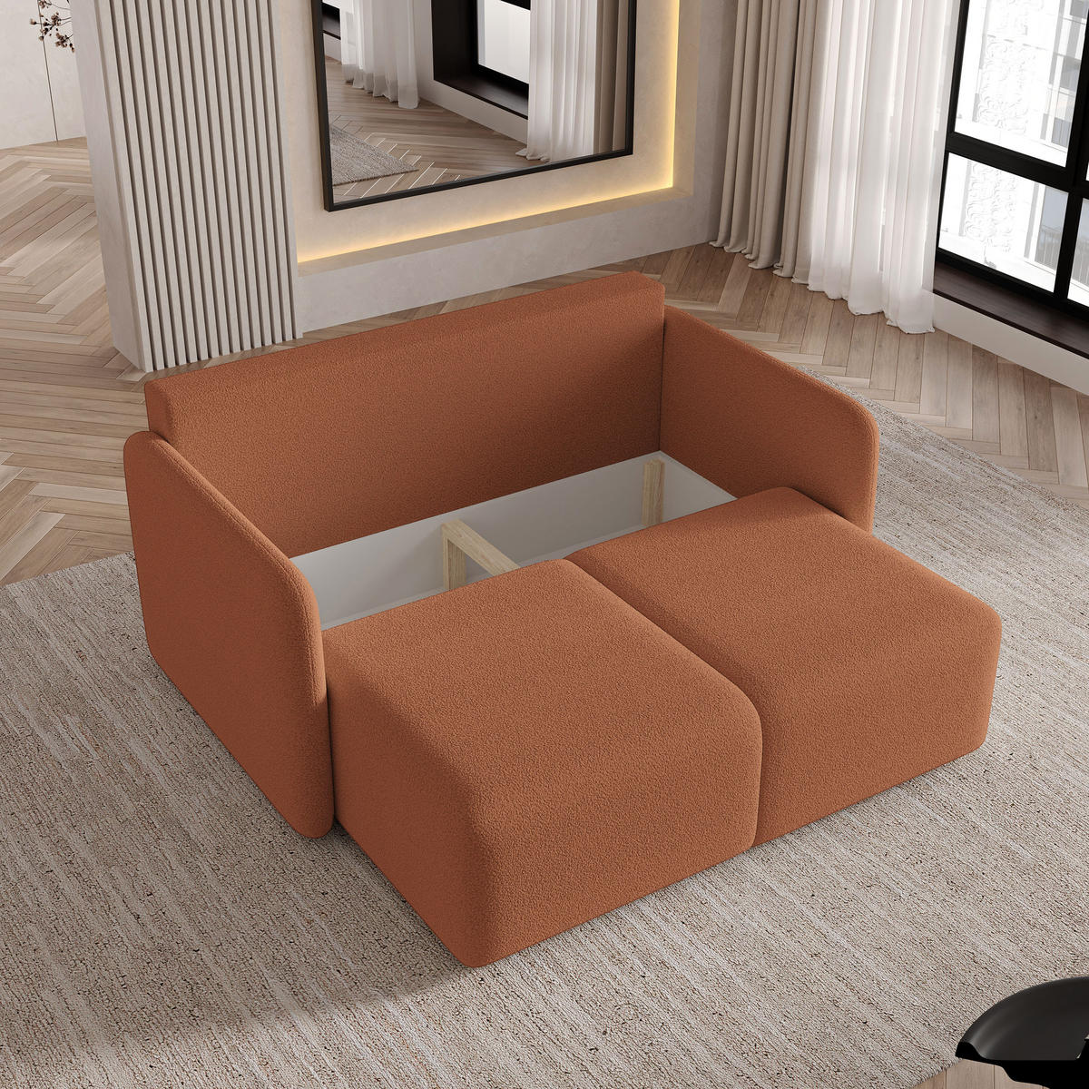 BETTSOFA SUVI II Q Orange Bucle-Stoff mit Schlaffunktion - Orange, Textil (90/85/153cm) - MASSENO
