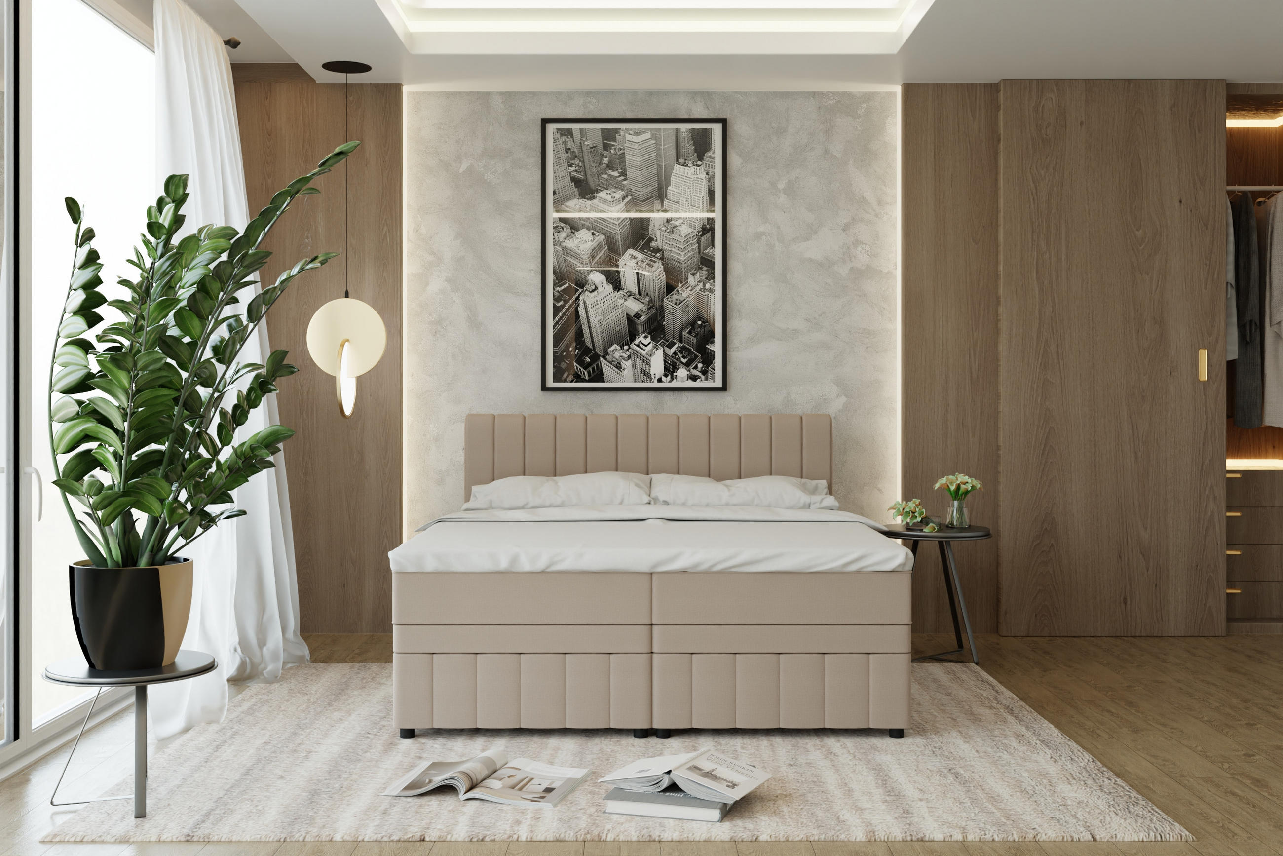 BOXBETT AVALON 180 x 200 cm mit Bettkasten und Topper - Beige - Beige, Holz - Panda Möbel