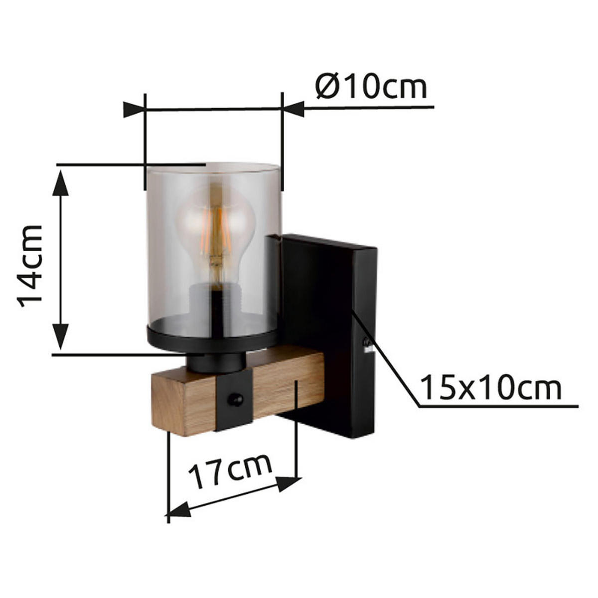 WANDELEUCHTE Metall Schwarz Holz - Schwarz, Glas (10/22.5/17cm) - Globo Lighting