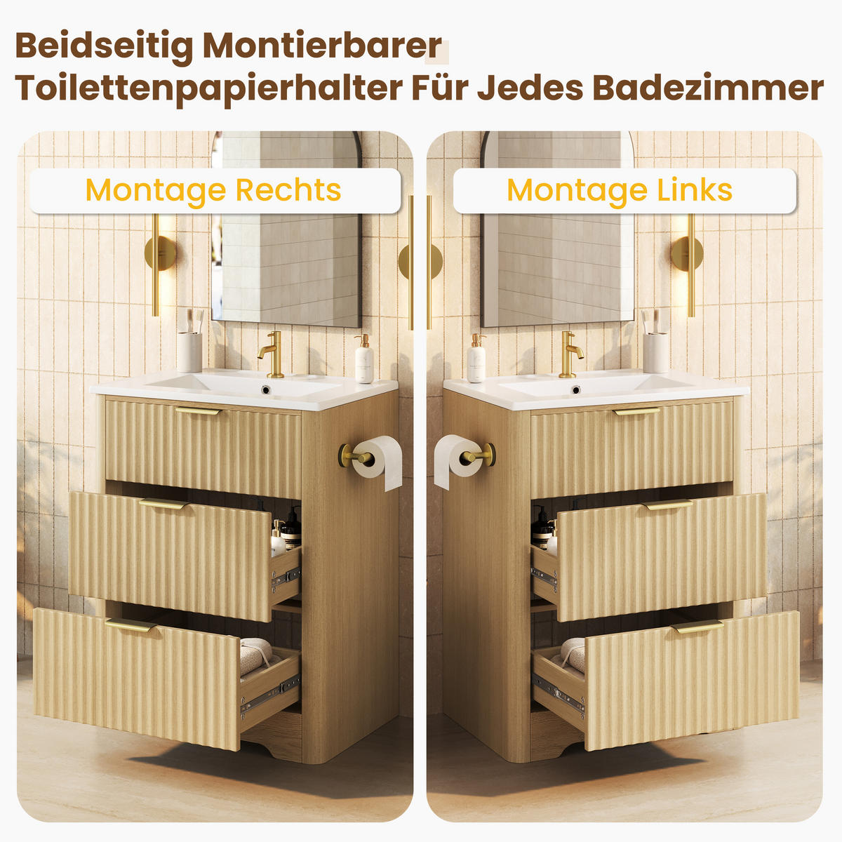 BADEZIMMERSCHRANK Holzoptik Keramik Waschbecken Schubladen 61cm - Naturfarben, Keramik (61/82/47cm) - FLIEKS