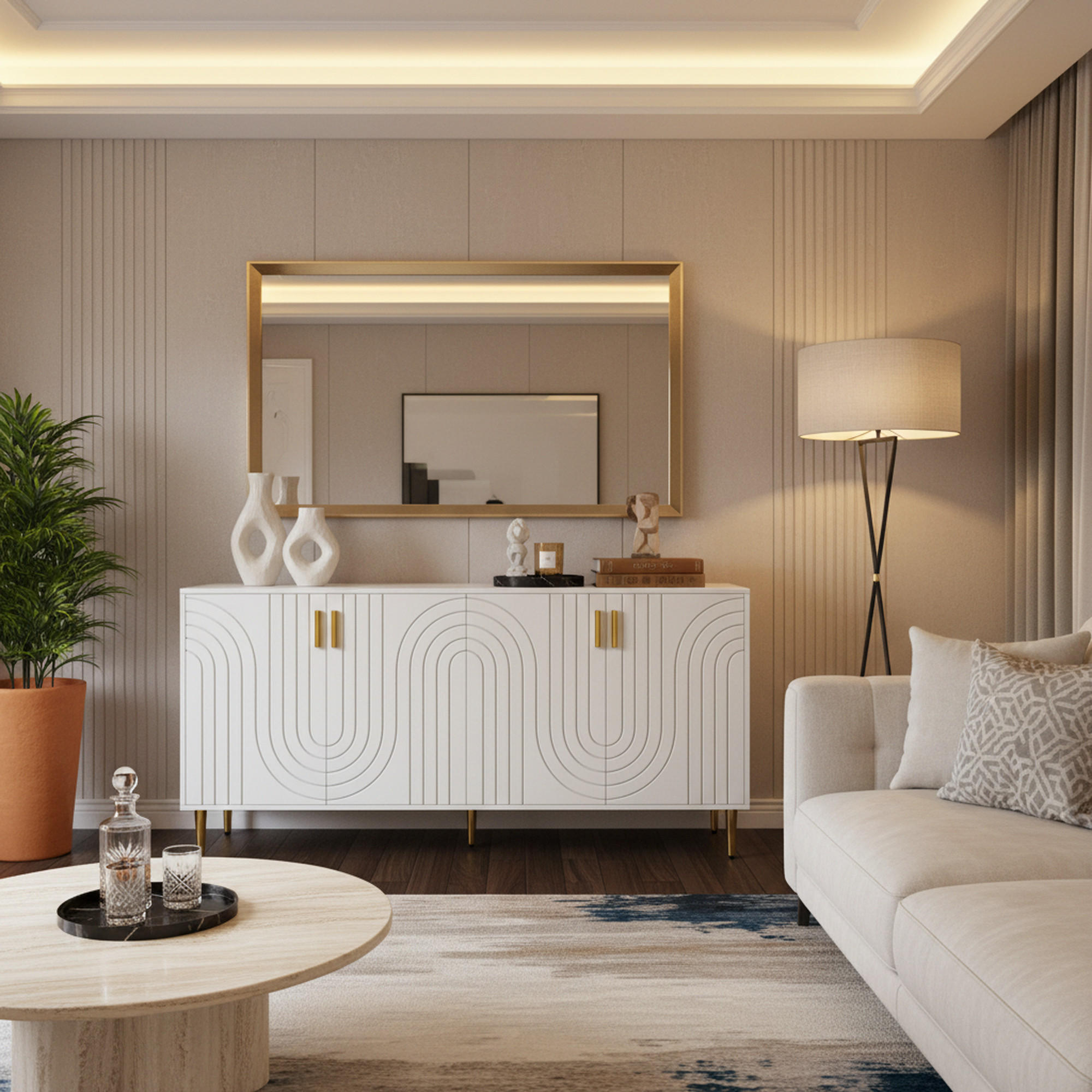 SIDEBOARD Wellenfront mit goldenen Griffen & Füßen Weißes - Weiß, Holzwerkstoff (152/75/40cm) - Urban Meuble