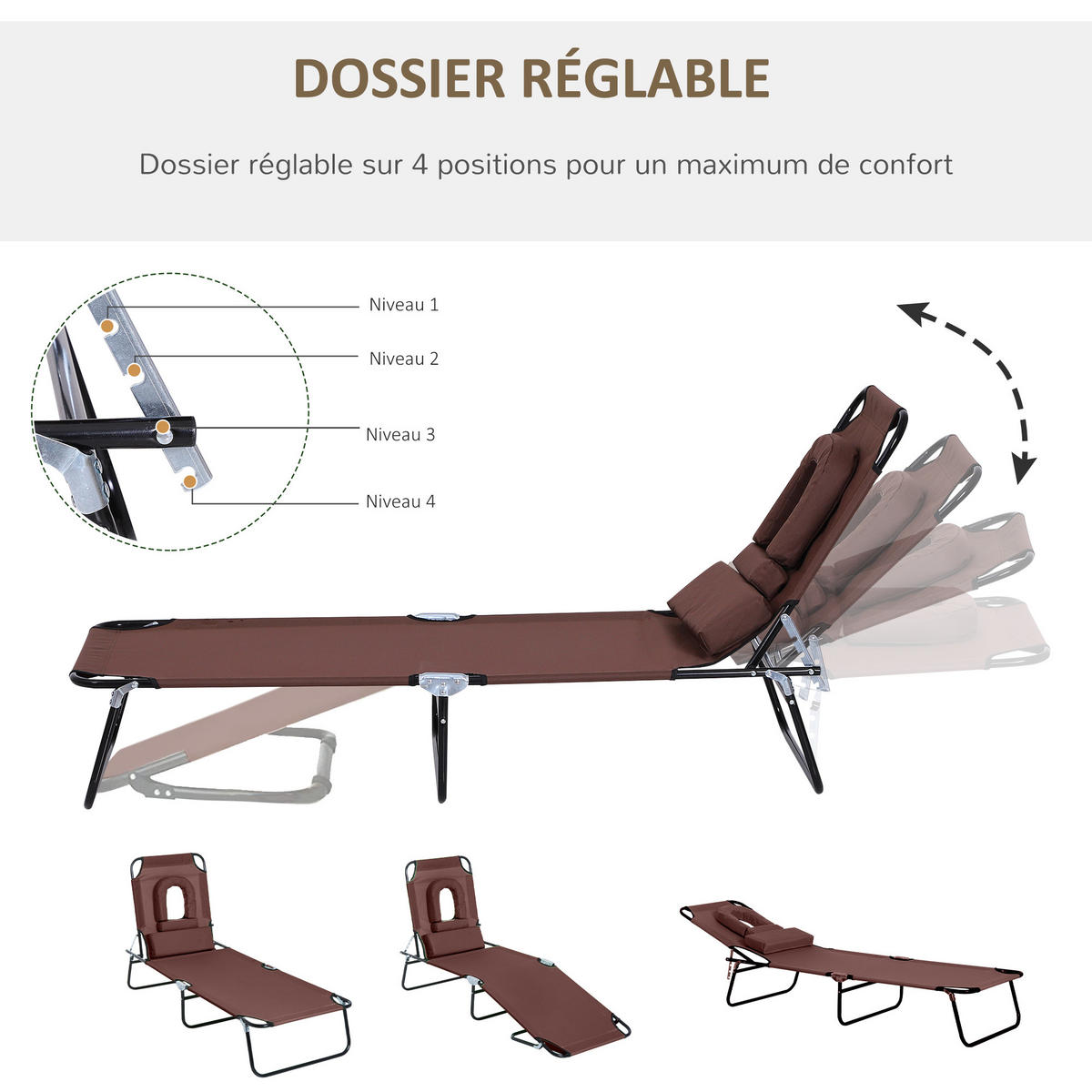 SONNENLIEGE DE-15592 klappbar, 4-fach verstellbar Braun - Braun, Metall (58/36/187cm) - ComfortXL