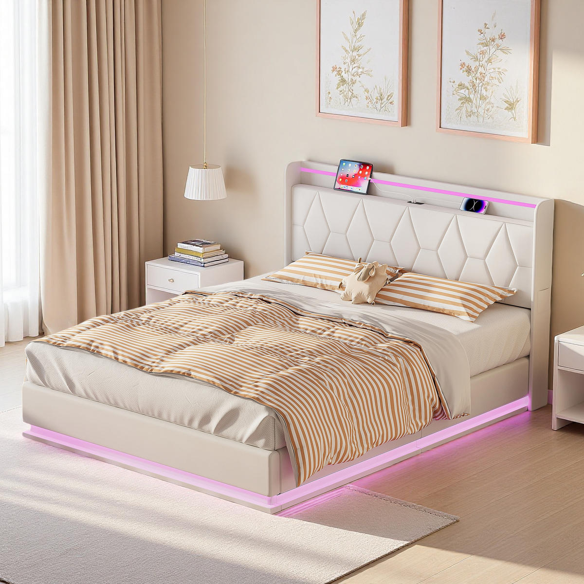 POLSTERBETT 160x200 cm Weiß Samt LED USB Stauraum - Weiß, Metall (160/200cm) - SHOPENTRA