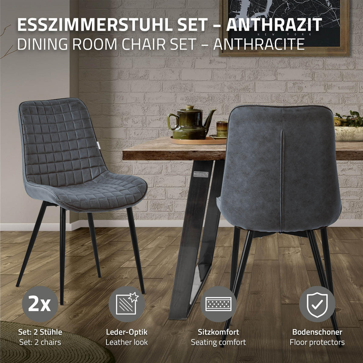 JÍDELNÍ ŽIDLE, sada 2 ks, antracitová umělá kůže - černá/antracitová, kov (52/89/60cm) - ML-DESIGN