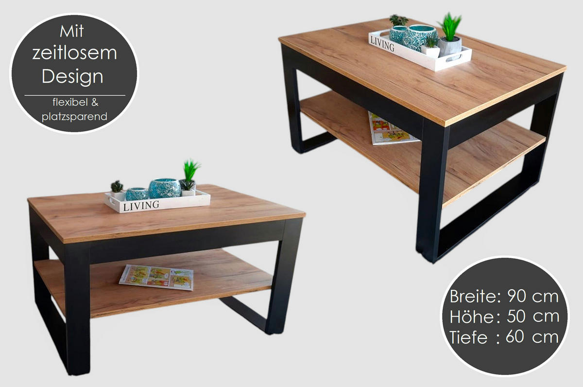 COUCHTISCH rechteckig Eiche Gold Schwarz matt 90/60/50 cm - Eichefarben/Schwarz, Holzwerkstoff (60/90/50cm) - designimpex