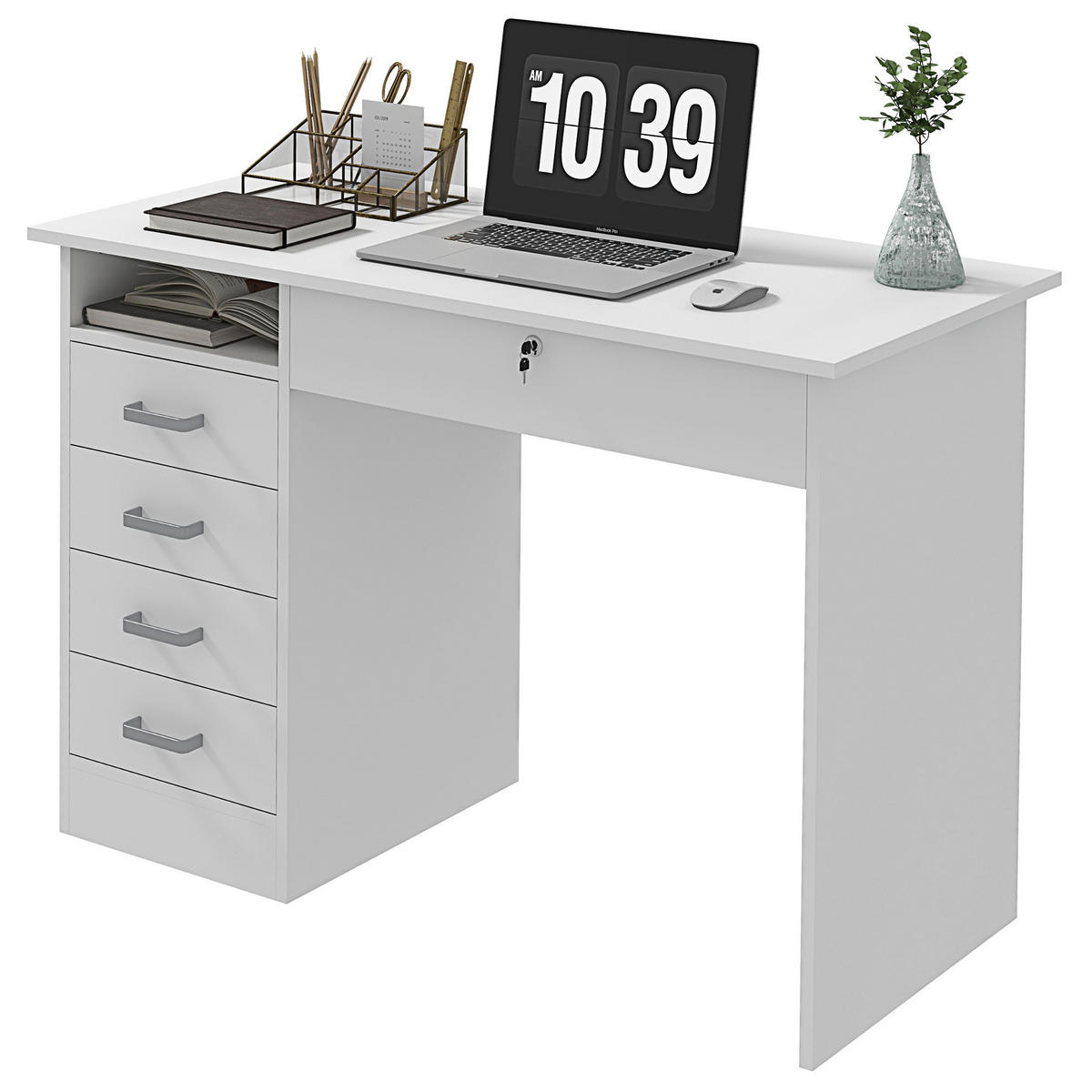 SCHREIBTISCH DE-14874 5 Schubladen mit abschließbarem Fach Weiß - Weiß, Holzwerkstoff (110/50/76cm) - ComfortXL