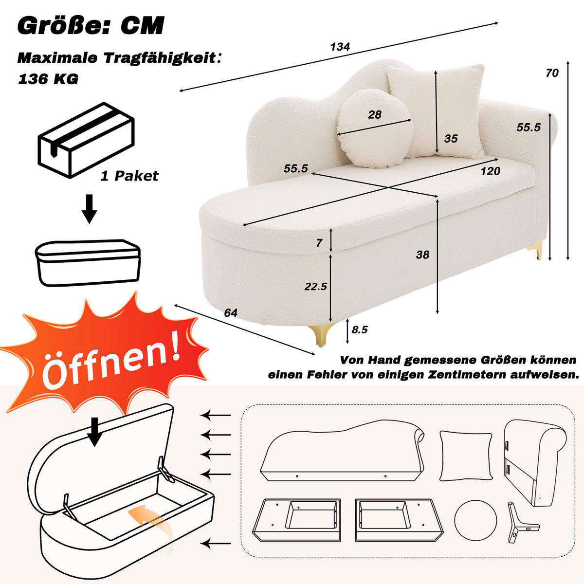 CHAISELONGUE mit Stauraum 134 cm, Teddyplüsch Stoff, modernes Design, ergonomische Rückenlehne, inkl. Lenden- & Nackenkissen - Beige, Textil (64/70/134cm) - Ej. Life