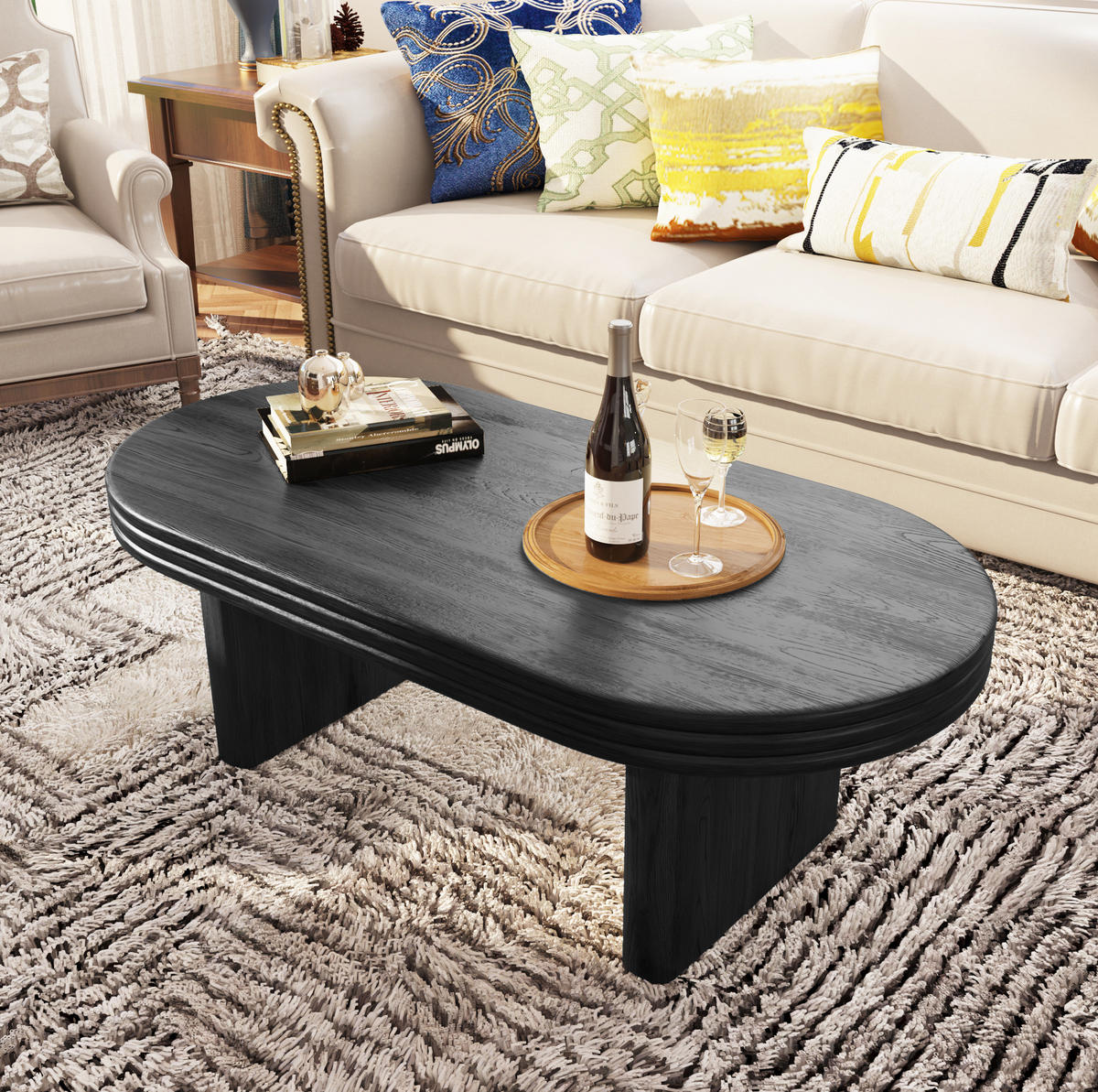 COUCHTISCH 120/60/41,5 cm mit ovaler Tischplatte und Holzfurnier, Schwarz - Schwarz, Holzwerkstoff (120/60/41.5cm) - Redom