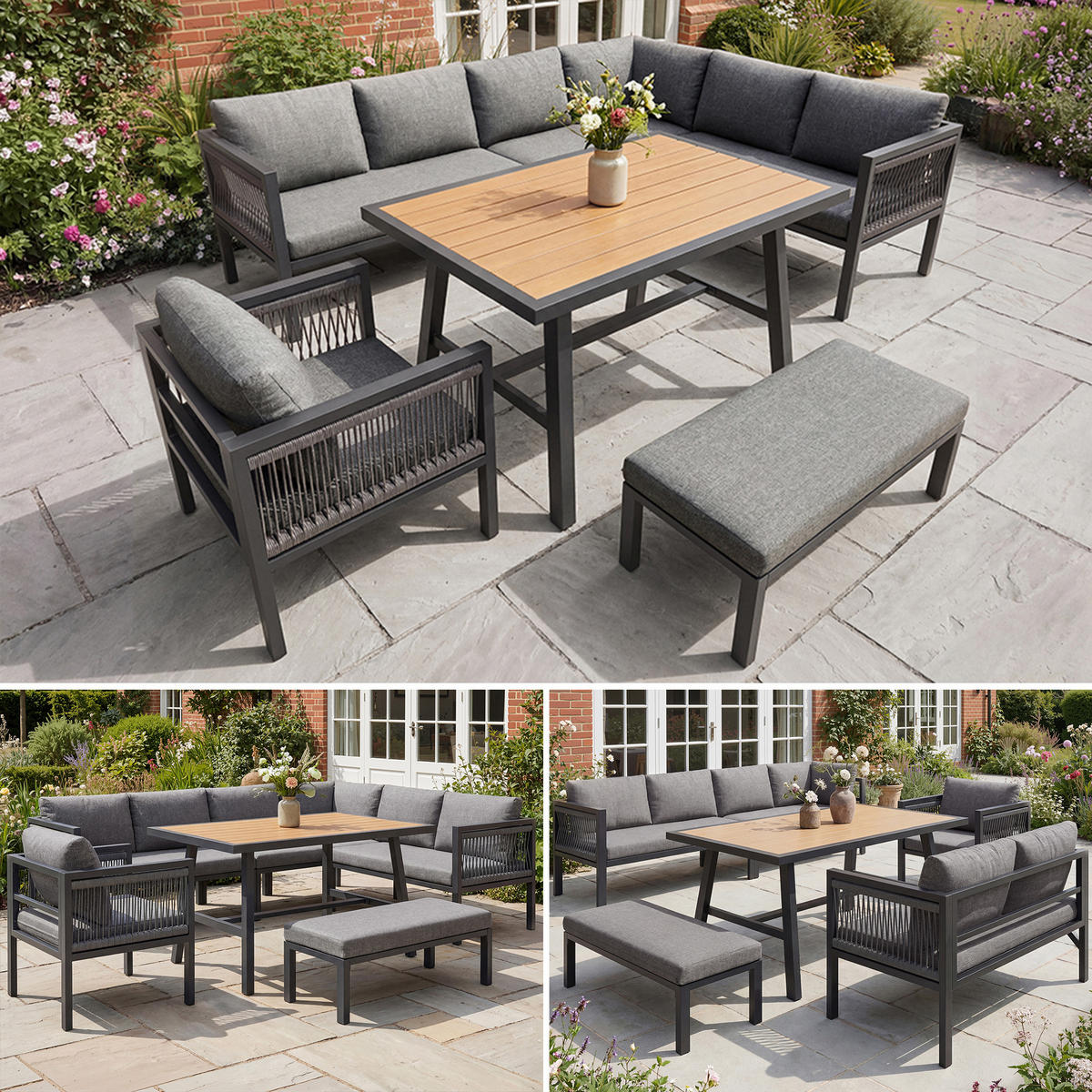 GARTENLOUNGE 6tlg Grau Beige Ecksofa Tisch Hocker wetterfest - Grau, Metall - FLIEKS