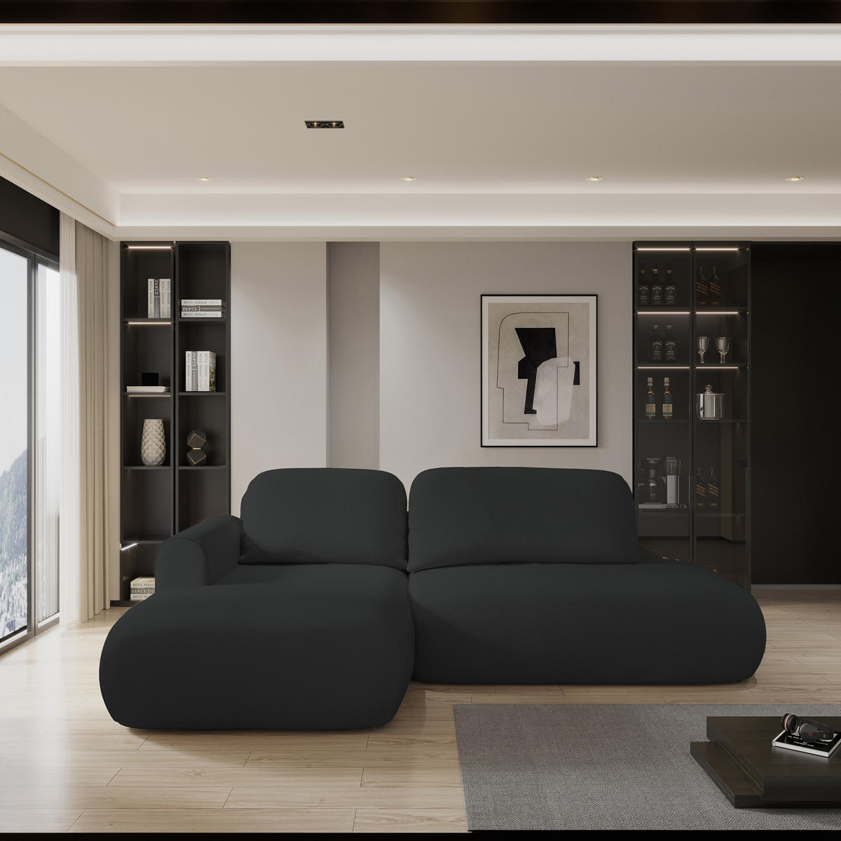 ECKSOFA NUVIRA L-S Schwarz Geflochtener Stoff mit Schlaffunktion - Schwarz, Holz (274/165cm) - MASSENO