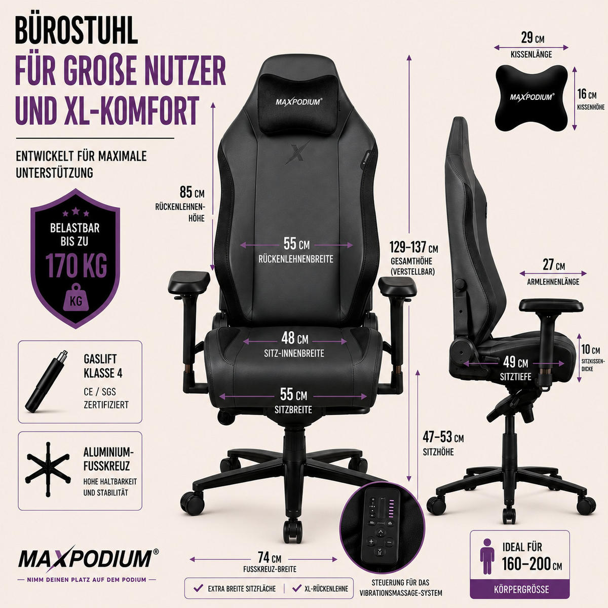 GAMING-BÜROSTUHL Heavy SMI Schwarz - Schwarz, Metall (55/137/49cm) - MaxPodium