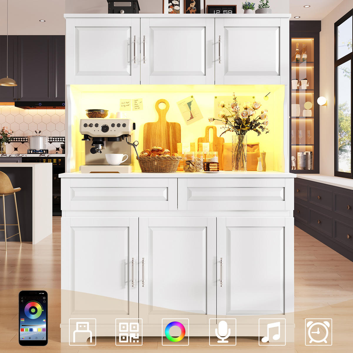 BUFFET Küchenschrank mit Arbeitsplatte, ergonomischer Höhe, LED-App-Steuerung, Weiß, 120/60/90 cm, MDF/Set - Weiß, Glas/Holzwerkstoff (108/180/40cm) - EVRYAE