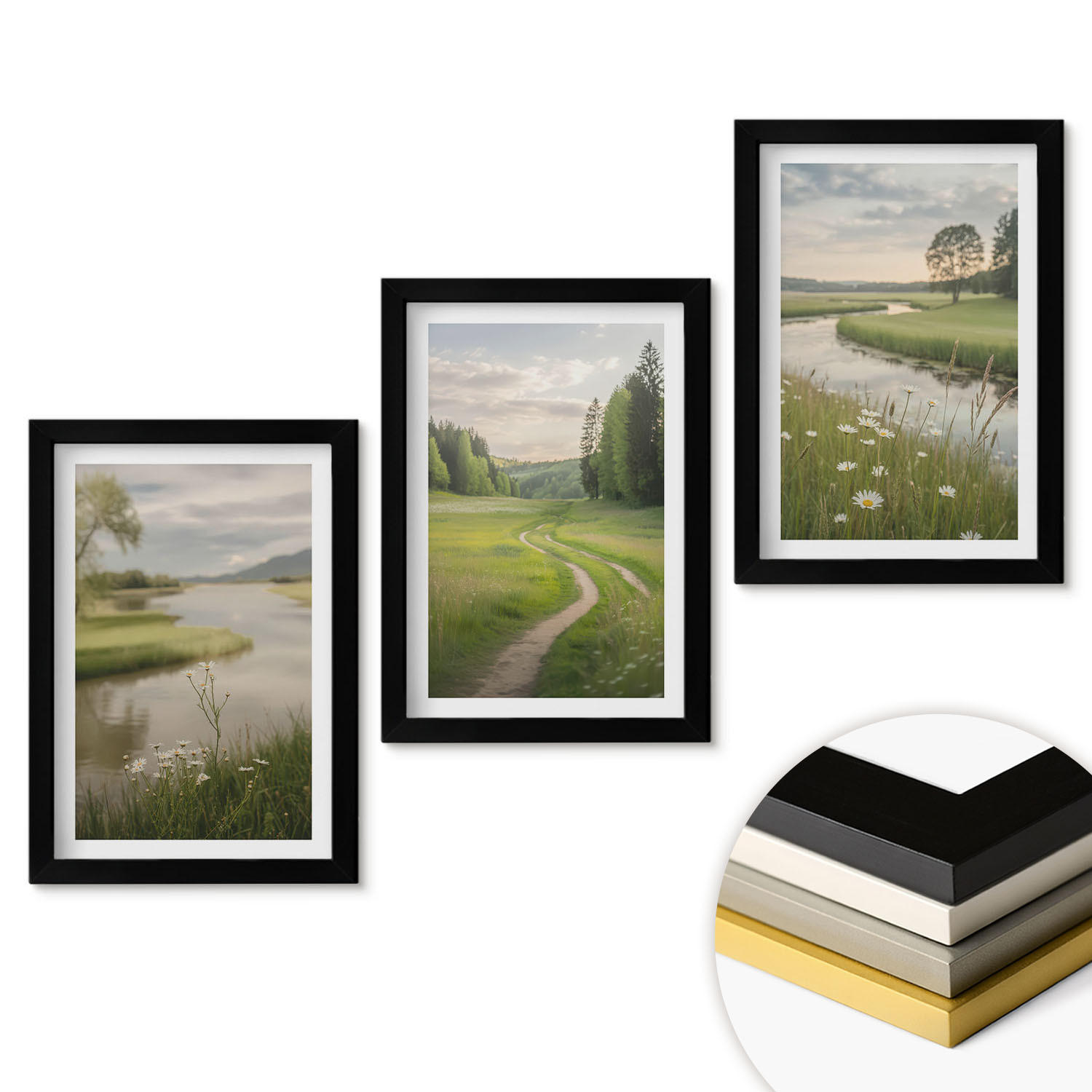 WANDBILDER 3er-Set - 20x30 cm Schwarzer Rahmen - Sommerliche Flusswiesen voller Blumen - Schwarz, Kunststoff (20/30cm) - ArtPrintCave