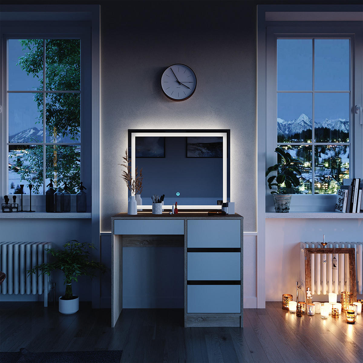 SCHMINKTISCH Sherry Sonoma 90 cm mit LED-Spiegel - Weiß/Sonoma Eiche, Holzwerkstoff (90/75/40cm) - Vicco