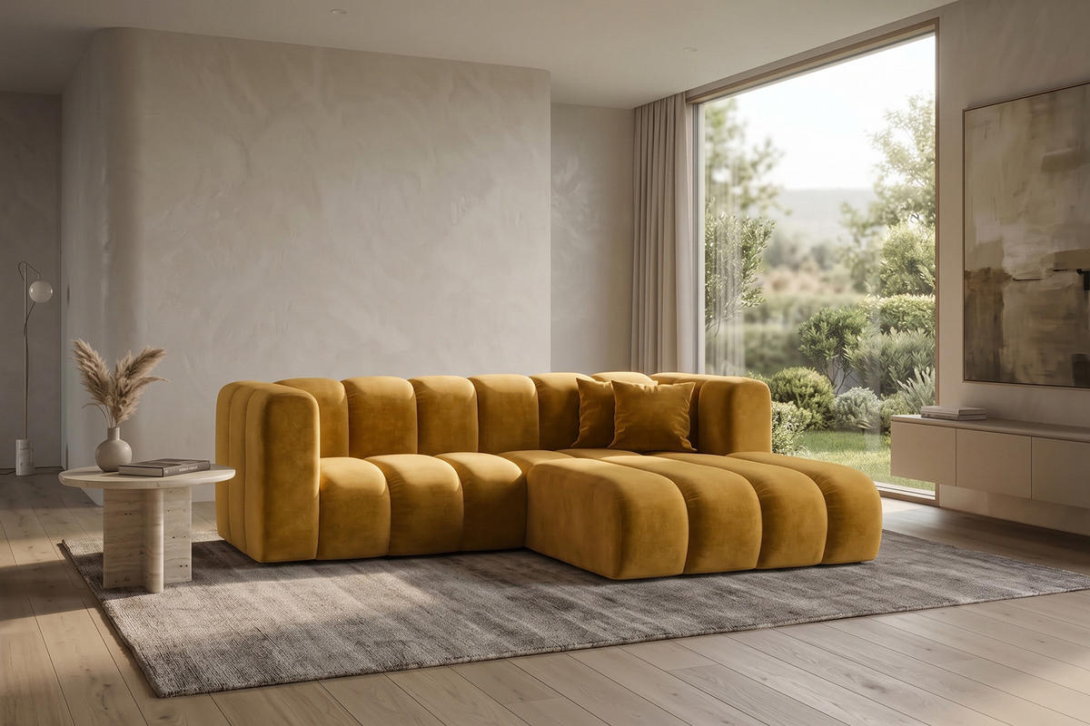 ECKSOFA Modulares In L-Form, Velvet-Stoff Riviera, Senffarbe, Rechts, GRAND - Gelb, Holz (227/179cm) - Kaiser Möbel