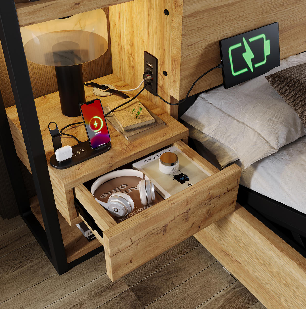 POLSTERBETT 180/200 cm Eiche aus MDF und Metall mit Stauraum und Ladestation - Eichefarben, Holzwerkstoff (180/200cm) - OKMYHOME