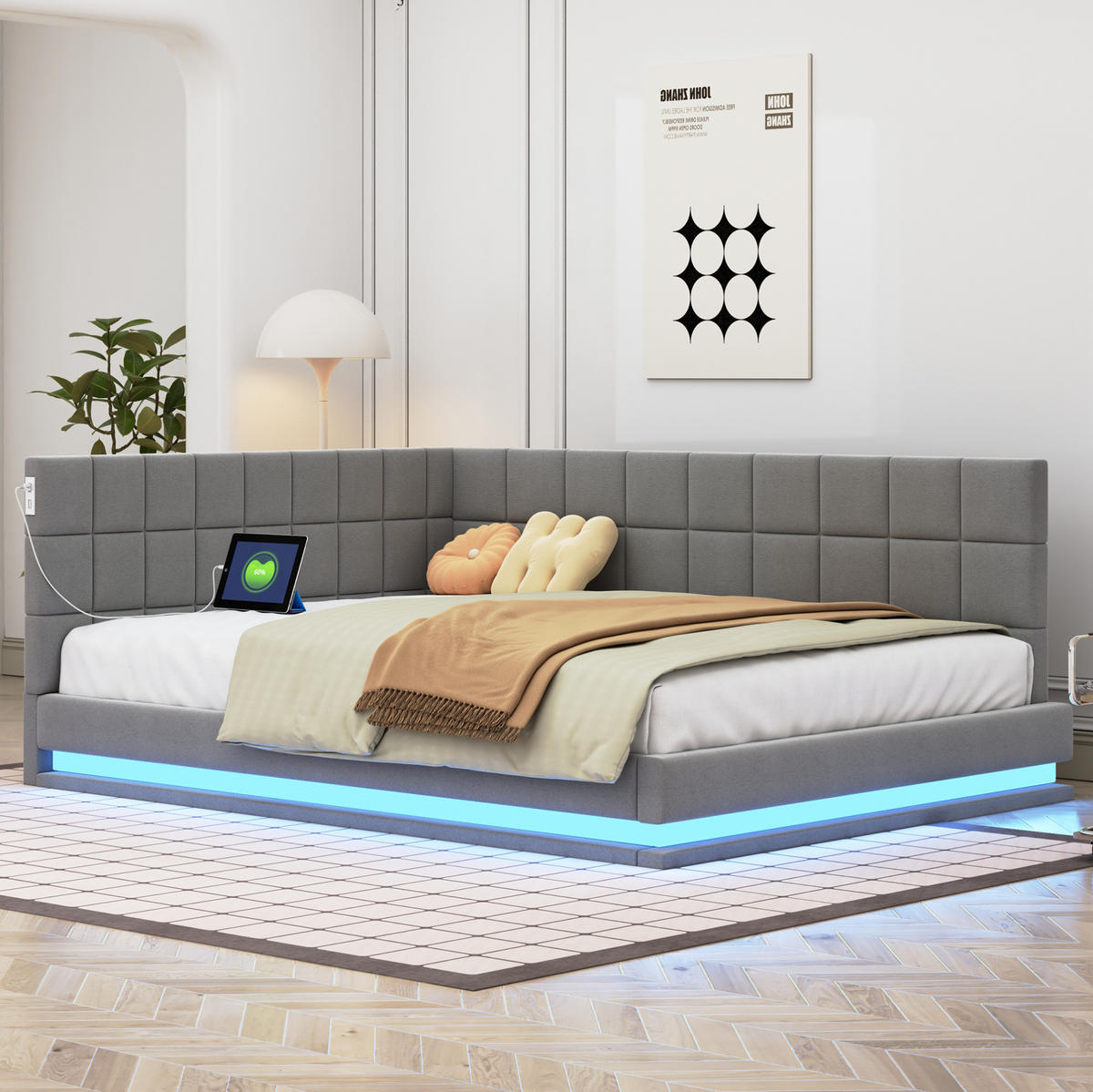 SCHLAFSOFA aus Leinen 140x200 cm Grau mit LED-Beleuchtung, USB-Anschluss und Lattenrost - Grau, Textil (140/200cm) - IVMEU