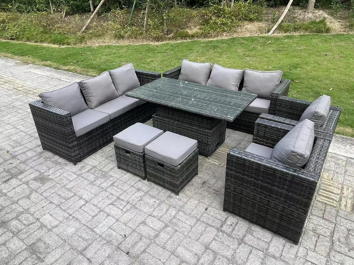 GARTENMÖBEL HÖHENVERSTELLBARER ESSTISCH SET Polyrattan 10-Sitzer - Dunkelgrau/Grau, Glas/Kunststoff - Fimous