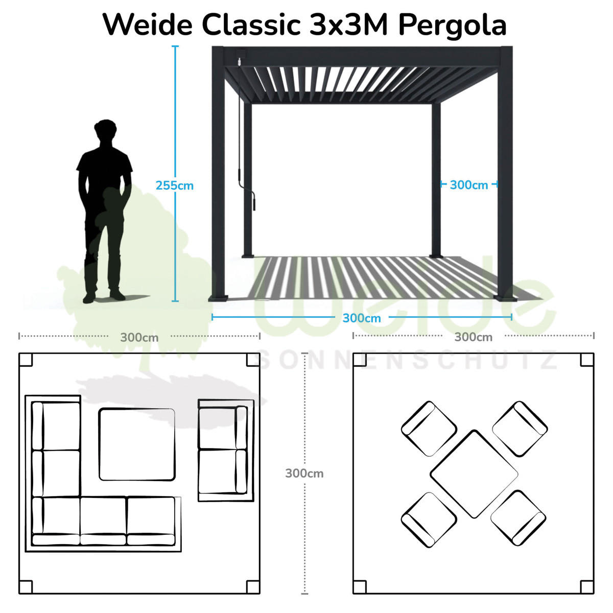 PERGOLA Classic Pavillon Terrassenüberdachung Aluminium 3 x 3 M anthrazit - Anthrazit, Metall (300/255/300cm) - WEIDE