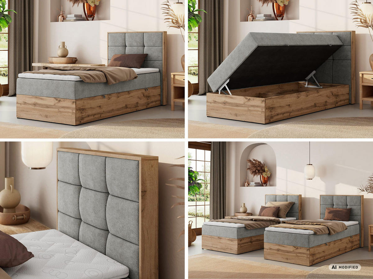 BOXBETT ALBERO 1 90/200 - Hellgrau Stukture - Topper T25 - H4 - Rechts - Silberfarben/Hellgrau, Kunststoff/Textil (90/200cm) - MKS