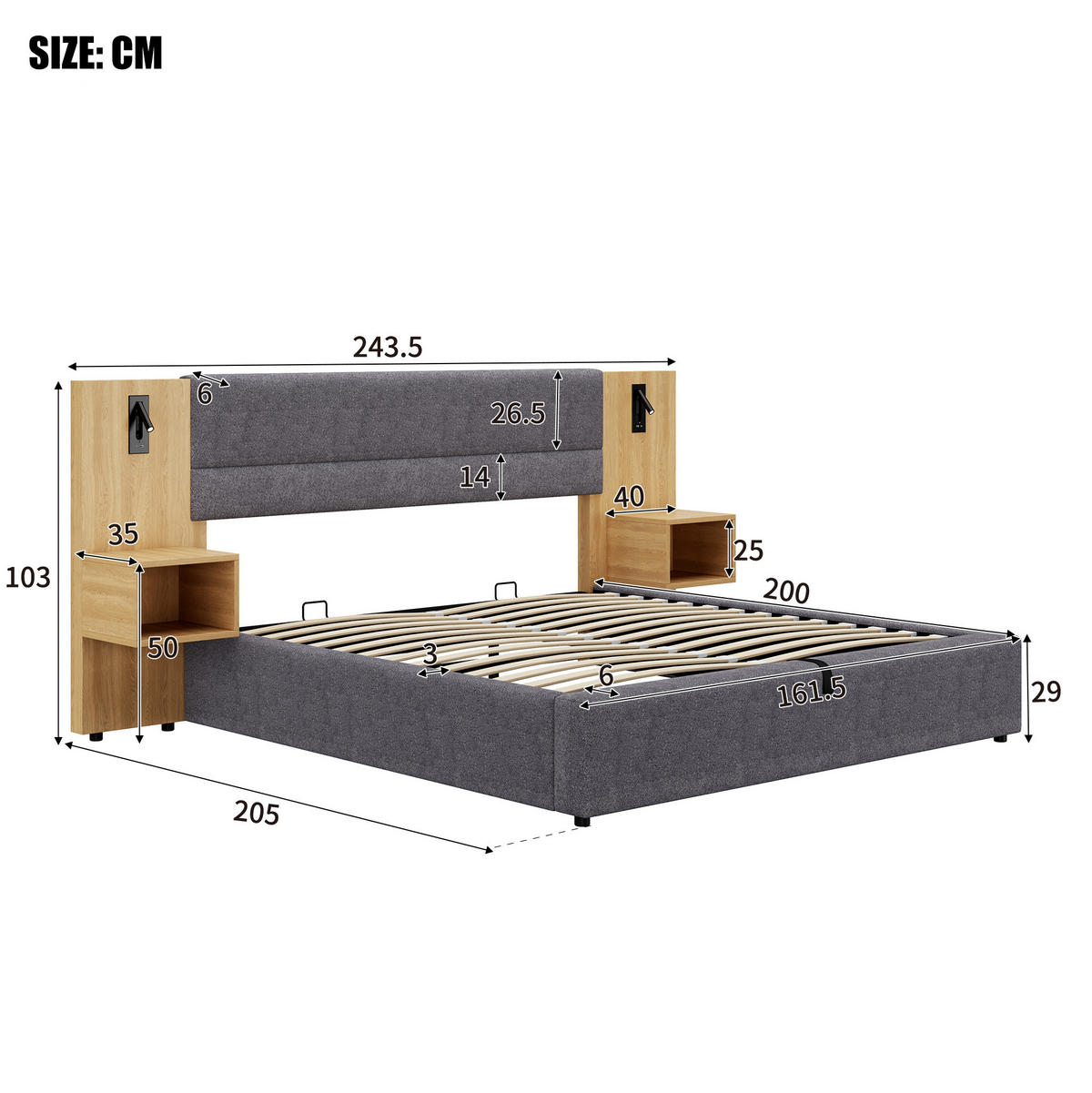 POLSTERBETT 160/200 cm mit USB-A/USB-C, Beleuchtung, hydraulischem Bettkasten und 2 Nachttischen, Natur/Grau - Grau, Textil (160/200cm) - Redom