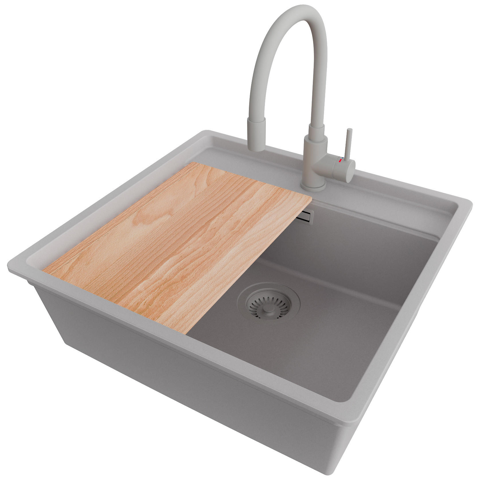 UNTERBAUSPÜLE GRANIT Bergen, 2-er set Grau 56/53 cm 1 Becken + Küchenarmatur 38/14 cm + Ablauf-Set + Schneidebrett ab 60er Unterschrank - Beige/Grau, Kunststoff (56/20/53cm) - Primagran
