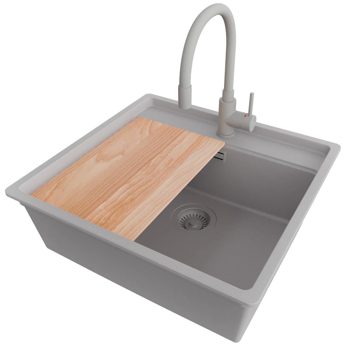 UNTERBAUSPÜLE GRANIT Bergen, 2-er set Grau 56/53 cm 1 Becken + Küchenarmatur 38/14 cm + Ablauf-Set + Schneidebrett ab 60er Unterschrank - Beige/Grau, Kunststoff (56/20/53cm) - Primagran