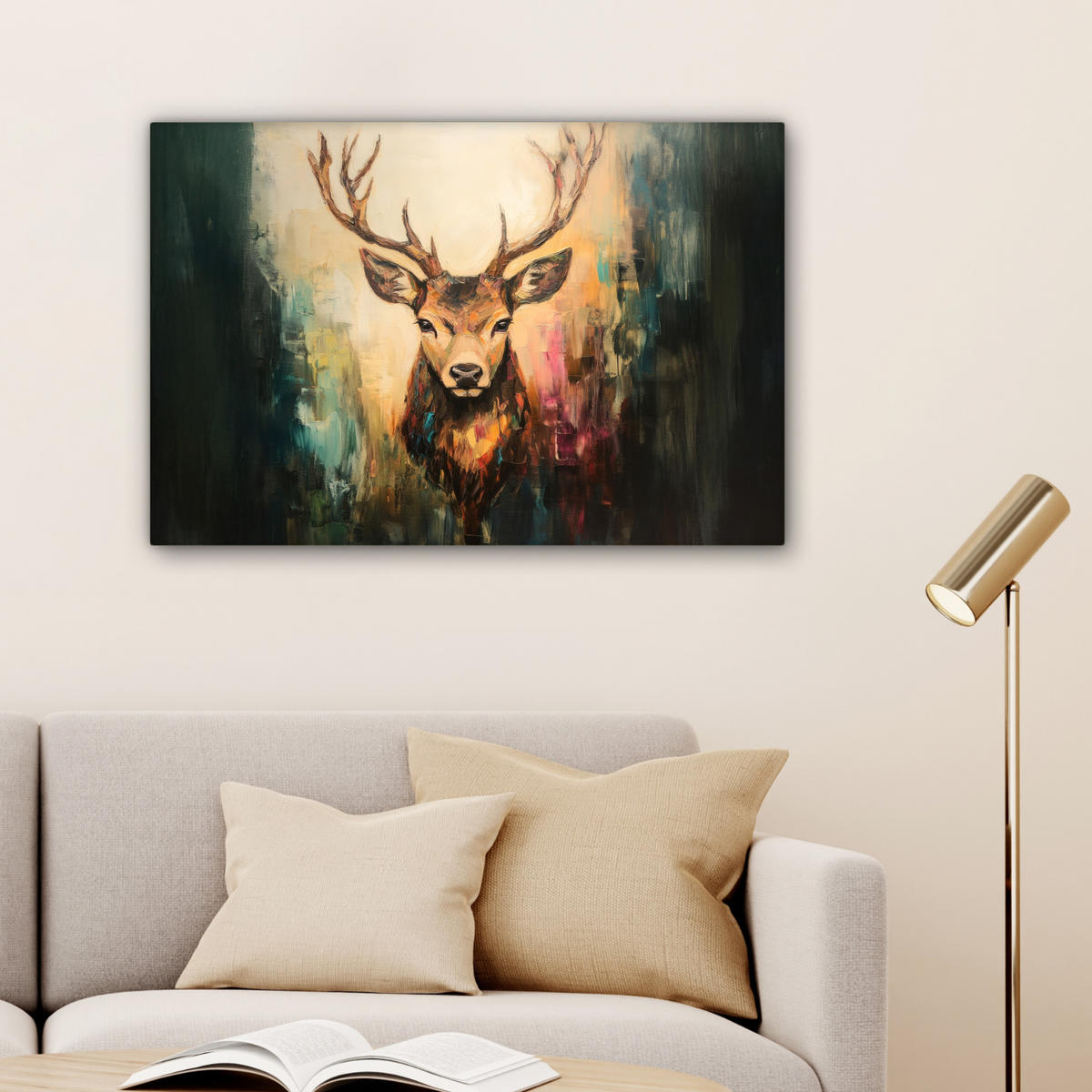 OBRAZ NA PLÁTNĚ Jelen - malovaný - paroží - hnědé 60x40 cm - barva lískového ořechu, textil (60/40cm) - MuchoWow