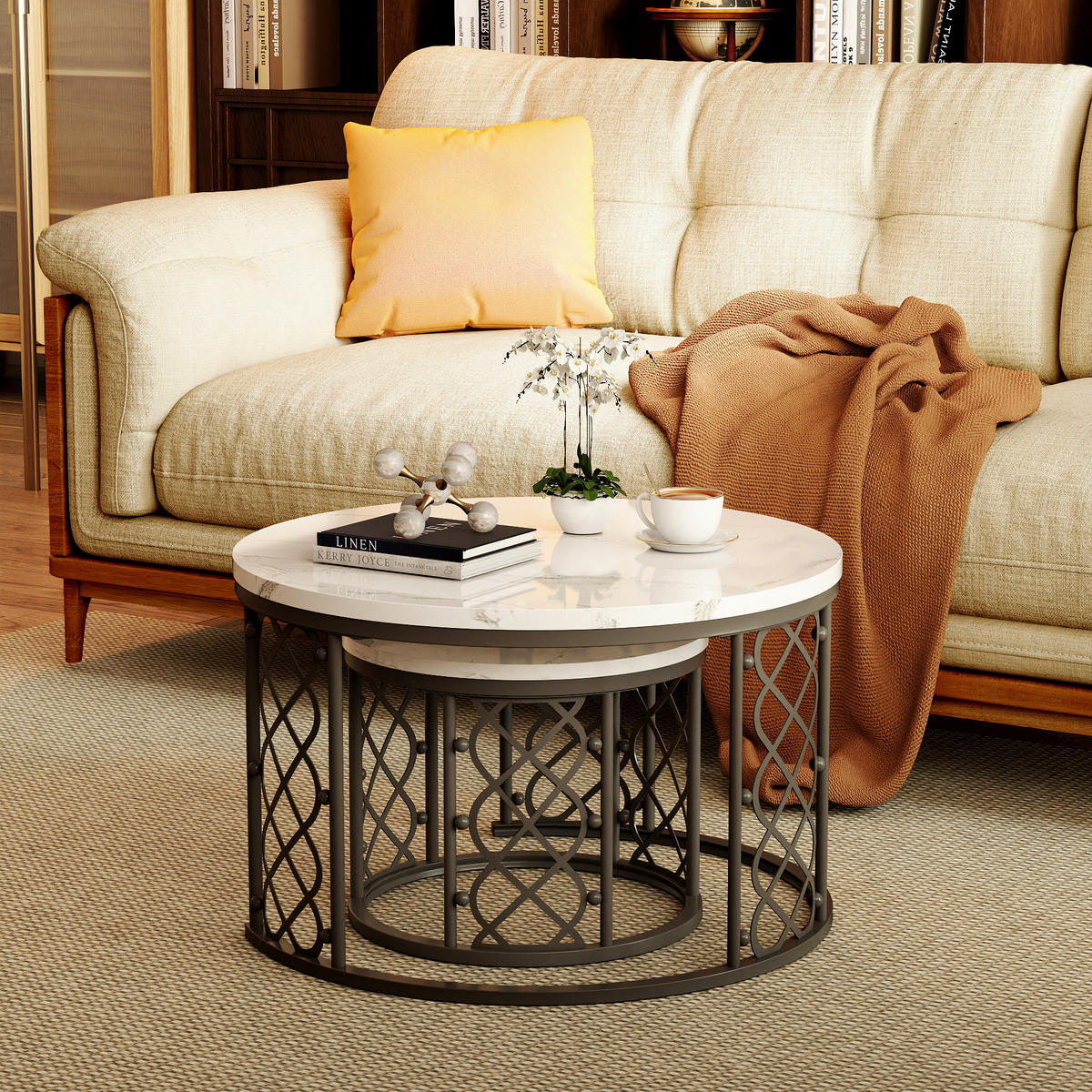 COUCHTISCH 2-teiliges Set 70/70/45 cm und 45/45/37 cm Weiß und Schwarz Stapelbar mit Stahlrahmen - Weiß, Holzwerkstoff (70/70/45cm) - OKWISH