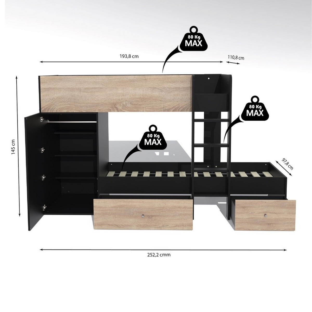 ETAGENBETT TWIN / 90x190 - Schwarz und Gebleichte Eiche Dekor - Multicolor, Holzwerkstoff (90/190cm) - Weber Industries