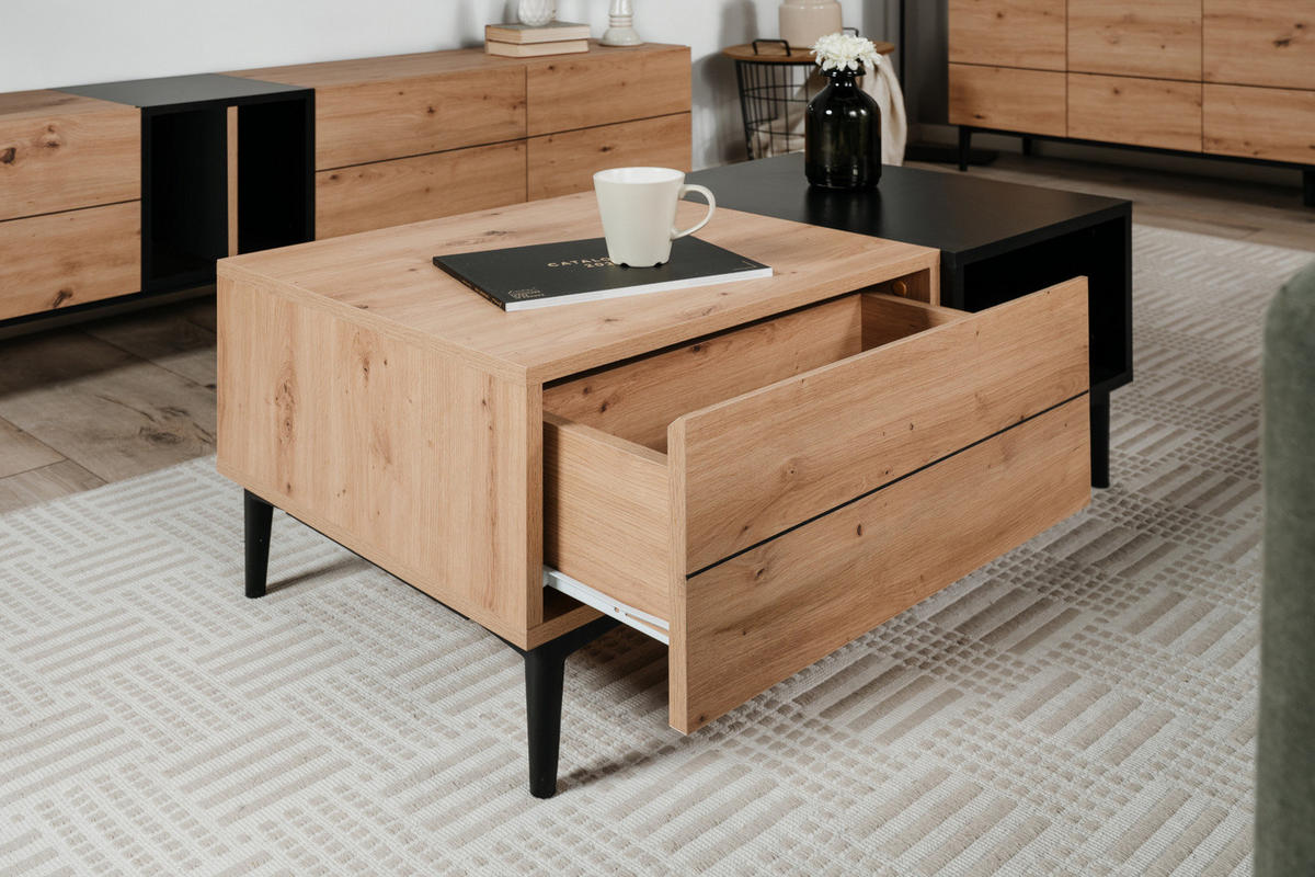 COUCHTISCH Eiche Artisan, schwarz 100 cm, Wohnzimmertisch mit Schubkasten und Ablage - Schwarz/Eiche Artisan, Holzwerkstoff (100/55/40cm) - Furn.Design