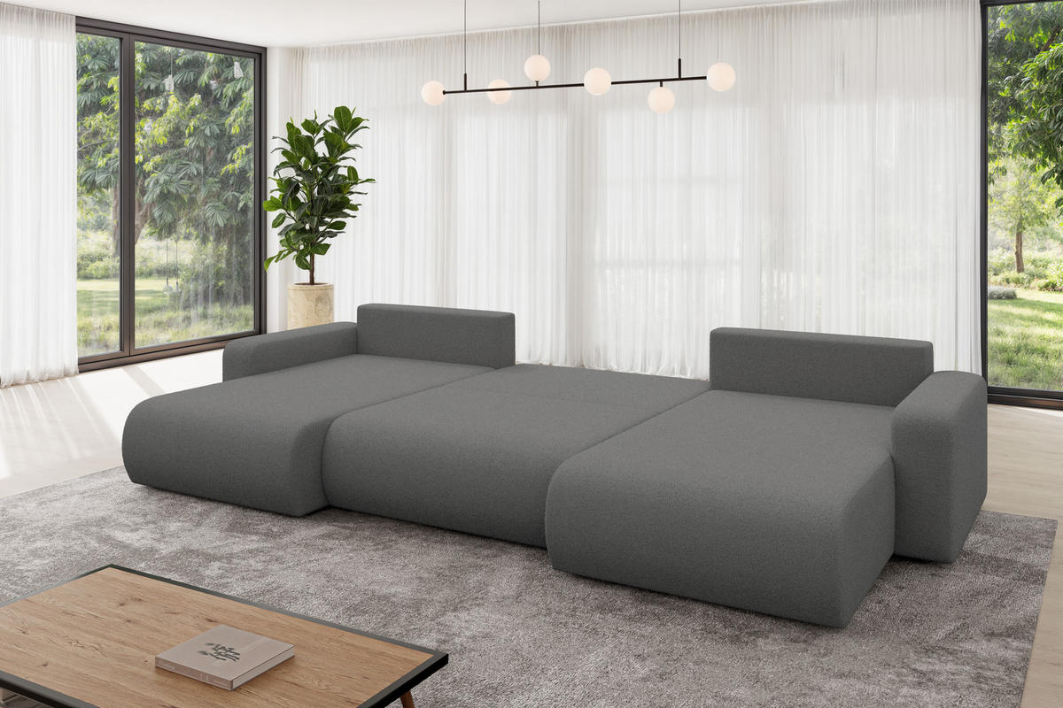 SEDACÍ SOUPRAVA DO U s funkcí spaní a úložným prostorem BERY-U 377x193x88 šedá bouclé - šedá/černá, kompozitní dřevo/textil (377/88/193cm) - ALTDECOR