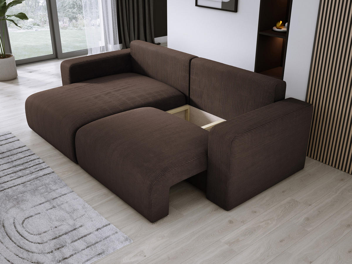 ECKSOFA Carl L-förmig Schlaffunktion und Bettkasten weicher Cordstoff flexibel stellbar lose Rückenkissen freistehend LINKS 143x247x83cm Dark brown - Dunkelbraun, Holz/Textil (143/247cm) - DomoHome