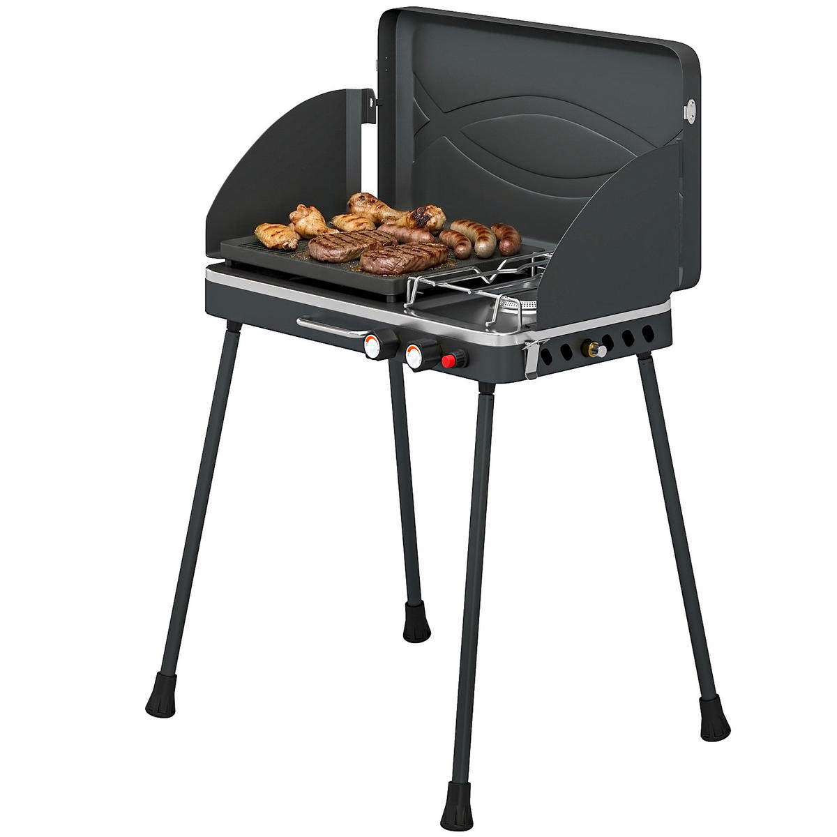 GASGRILL DE-10310 2 Brenner 2-in-1 mit Kochplatte Schwarz - Schwarz, Metall (47/88/61cm) - ComfortXL