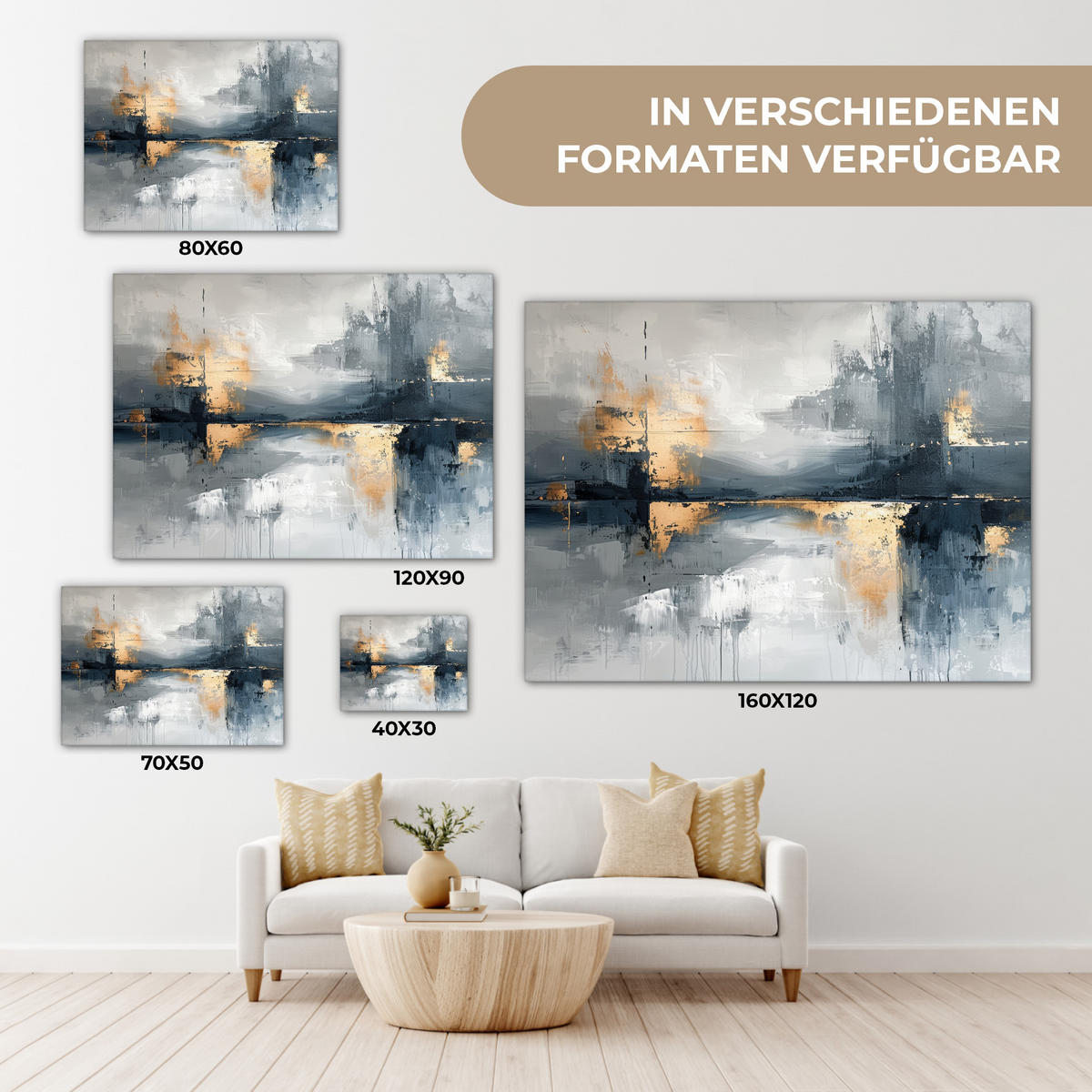 LEINWANDBILD Kunst - Grau - Gold - Abstrakt Wandbilder 80x60 cm - Dunkelgrau, Textil (80/60cm) - MuchoWow