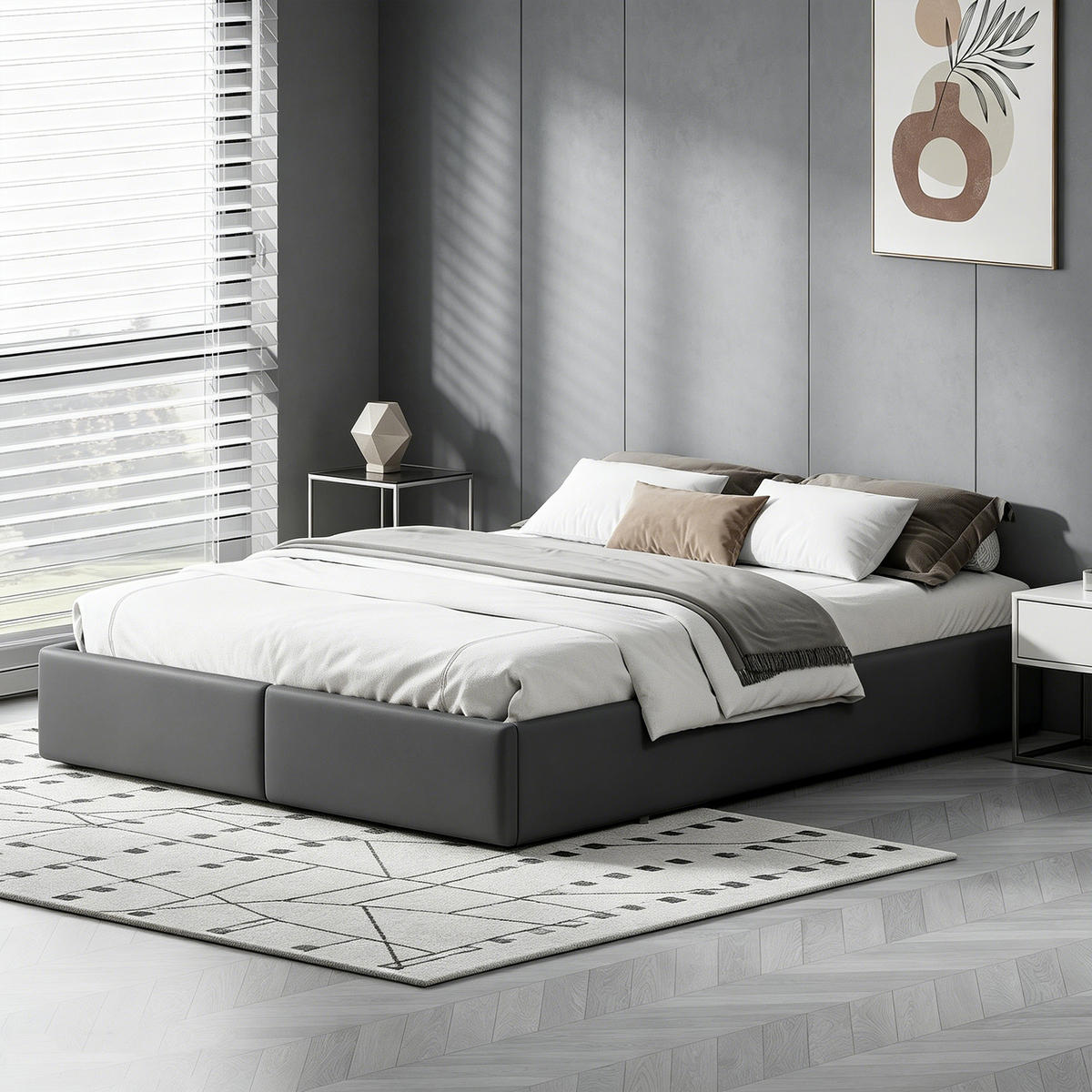 POLSTERBETT 140x200 mit stauraum, bettgestell mit 2 Schublade, Bettkasten, Lattenrost, ohne Kopfteil, Leinenstoff, grau - Dunkelgrau, Holz/Textil (140/200cm) - GENKI LIVING