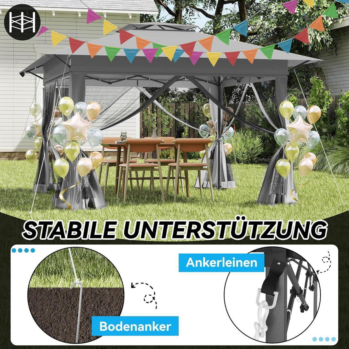 GARTENPAVILLON Pop Up 4x4m Grau mit Moskitonetz - Grau, Metall (400/285/400cm)