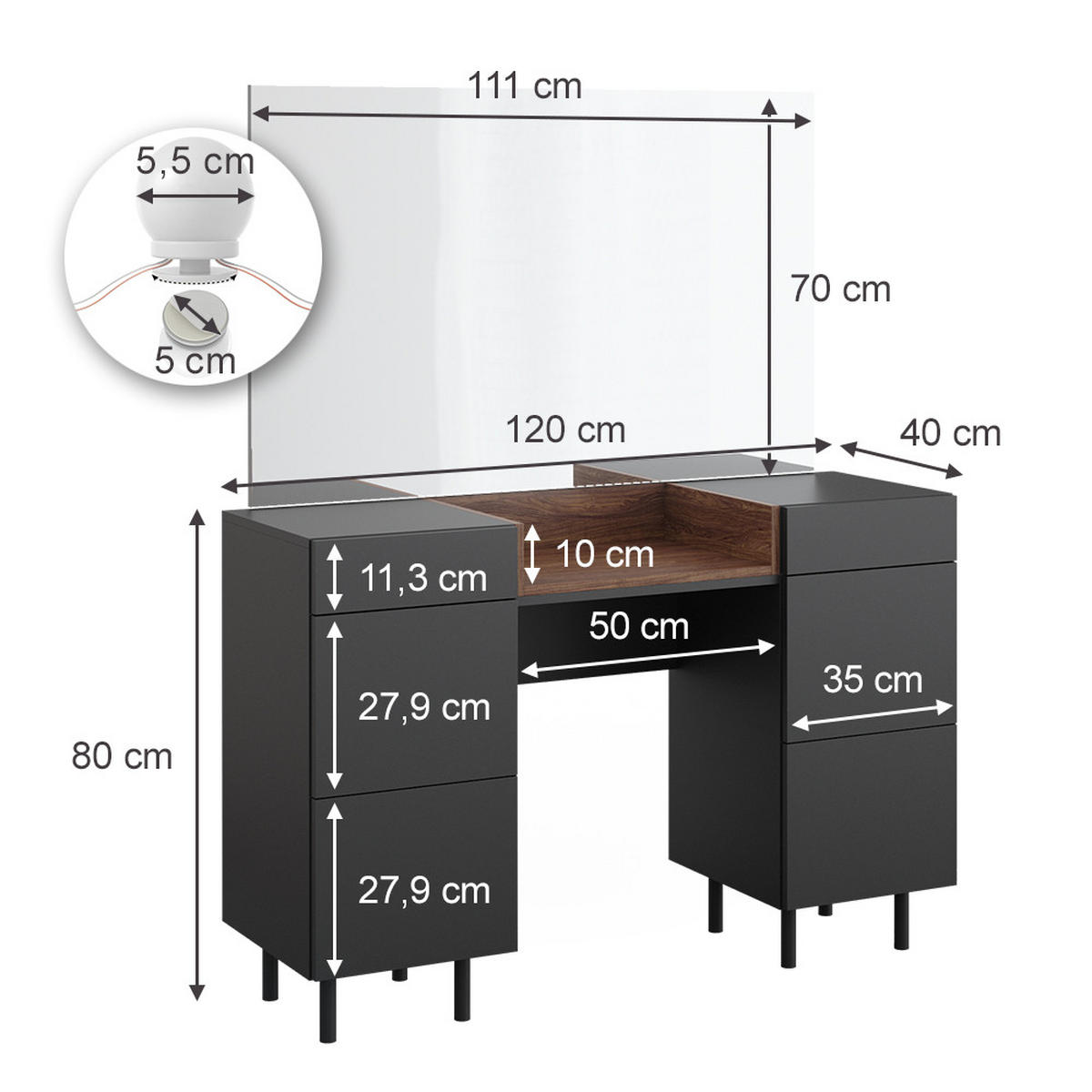 SCHMINKTISCH Anika Anthrazit 120 cm mit LED Beleuchtung - Anthrazit/Walnussfarben, Holzwerkstoff (120/80/40cm) - Vicco
