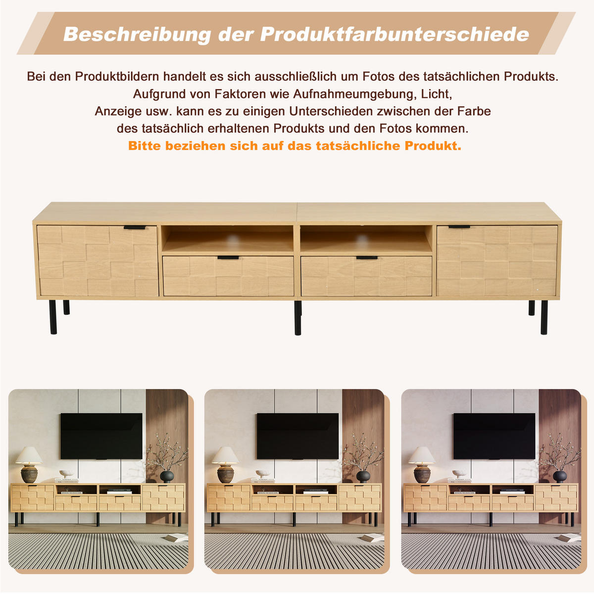TV STOLEK v přírodní barvě se 2 zásuvkami a 2 otočnými dvířky do obývacího pokoje, 200×35×44,5 cm - přírodní/černá, kompozitní dřevo (200/44.5/35cm) - STILVORA
