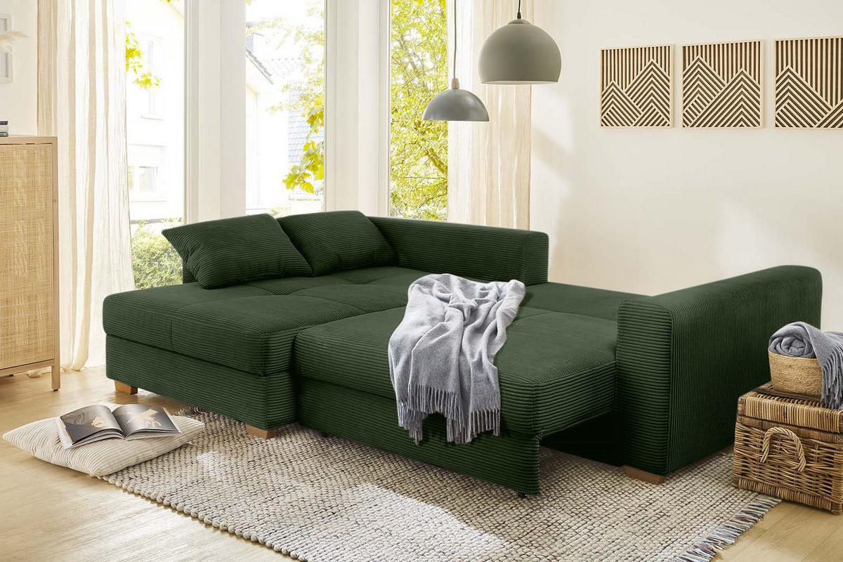 ECKSOFA-DAUERSCHLÄFER Federkern Bettkasten, seitenverkehrt montierbar B288/T186/H86 cm, Liegefl. 153x245 cm, Cord Grün / 15156 - Eichefarben/Grün, Holz/Textil (288/186cm) - luma-home