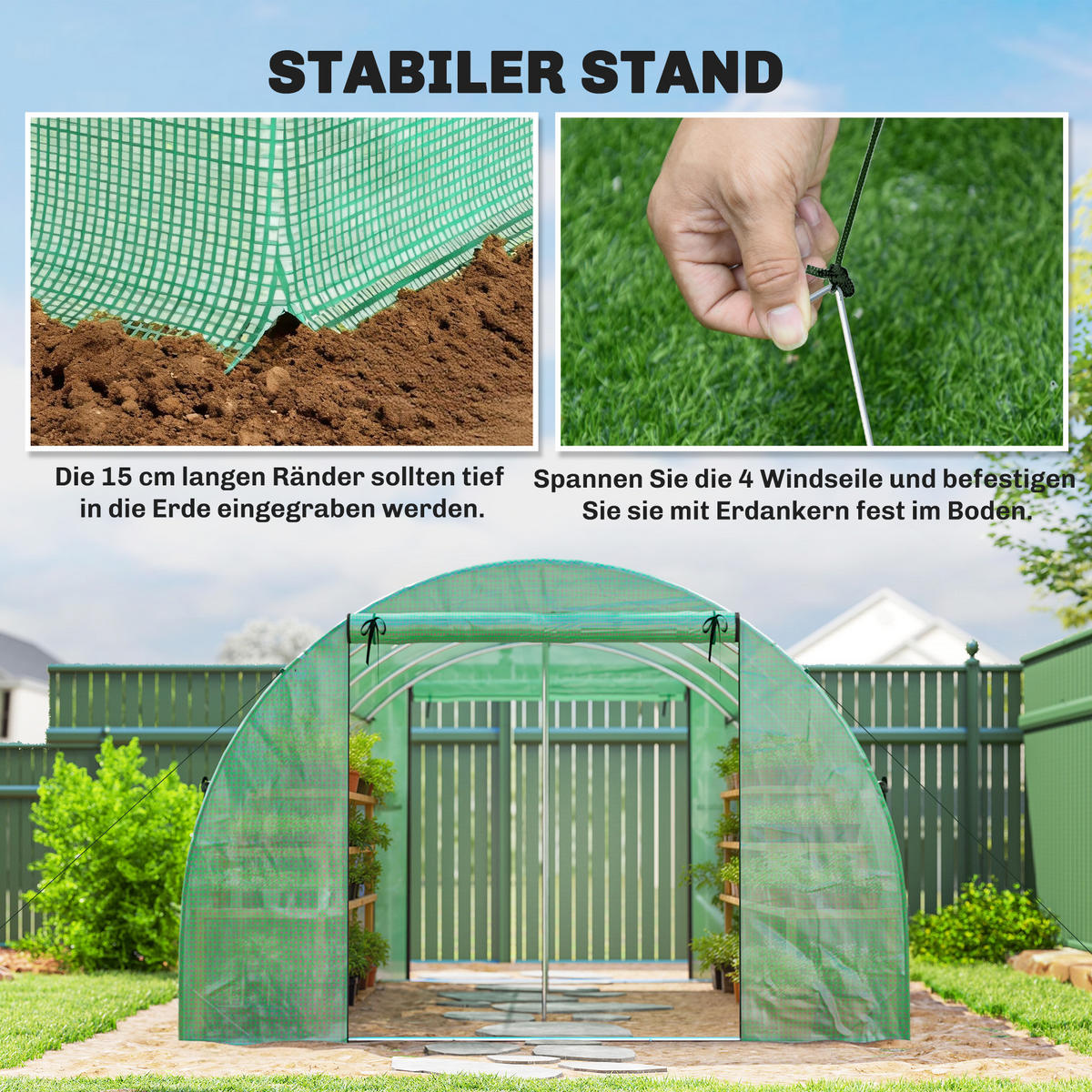 GEWÄCHSHAUS ca. 4 x 3 x 2 m Foliengewächshaus mit Rollbar Reißverschlusstür - Grün, Metall (295/200/400cm) - Outsunny
