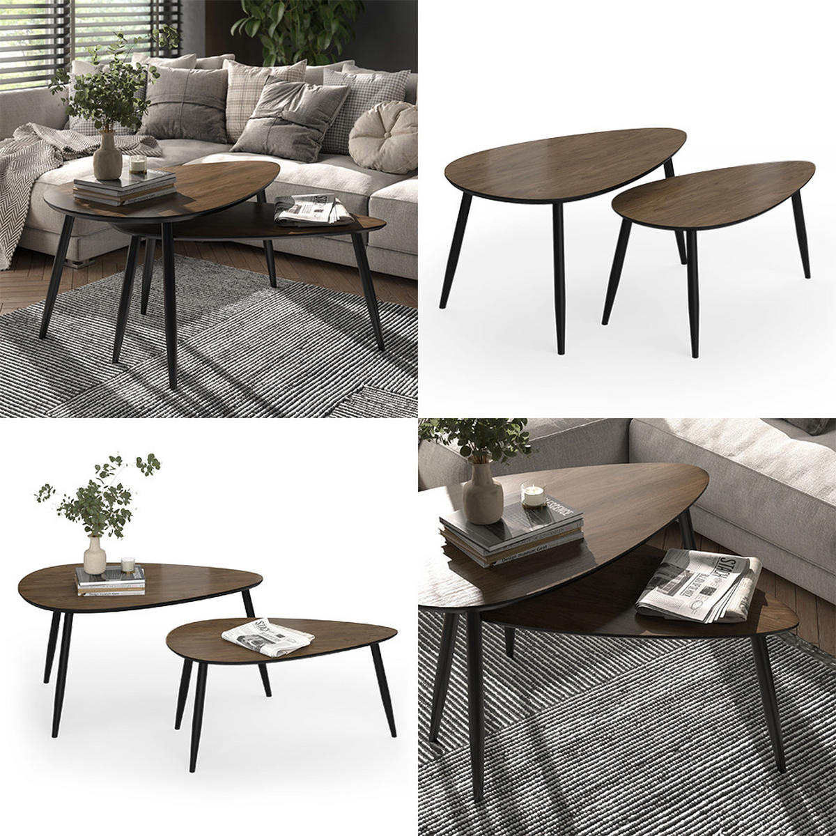 COUCHTISCH-SET Veyo Walnuss/Schwarz 98 x 60 cm Set, 2 Teile - Walnussfarben/Schwarz, Holzwerkstoff (60/98/48cm) - Vicco