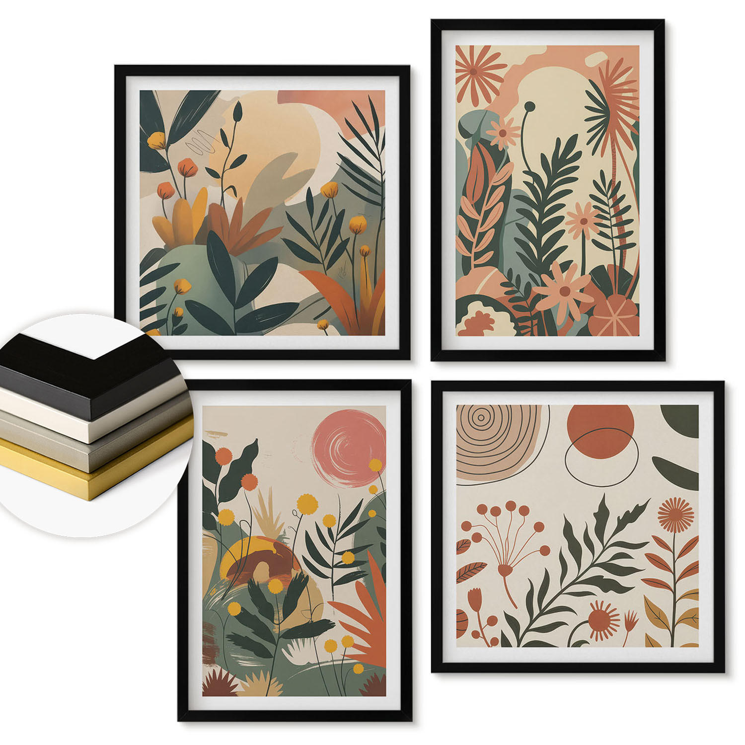 WANDBILDER 4er-Set - 50x50 cm & 40x60 cm Schwarzer Rahmen - Pastellfarbene Pflanzenmuster - Schwarz, Kunststoff (50/50cm) - ArtPrintCave