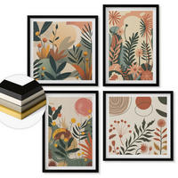 WANDBILDER 4er-Set - 50x50 cm & 40x60 cm Schwarzer Rahmen - Pastellfarbene Pflanzenmuster - Schwarz, Kunststoff (50/50cm) - ArtPrintCave