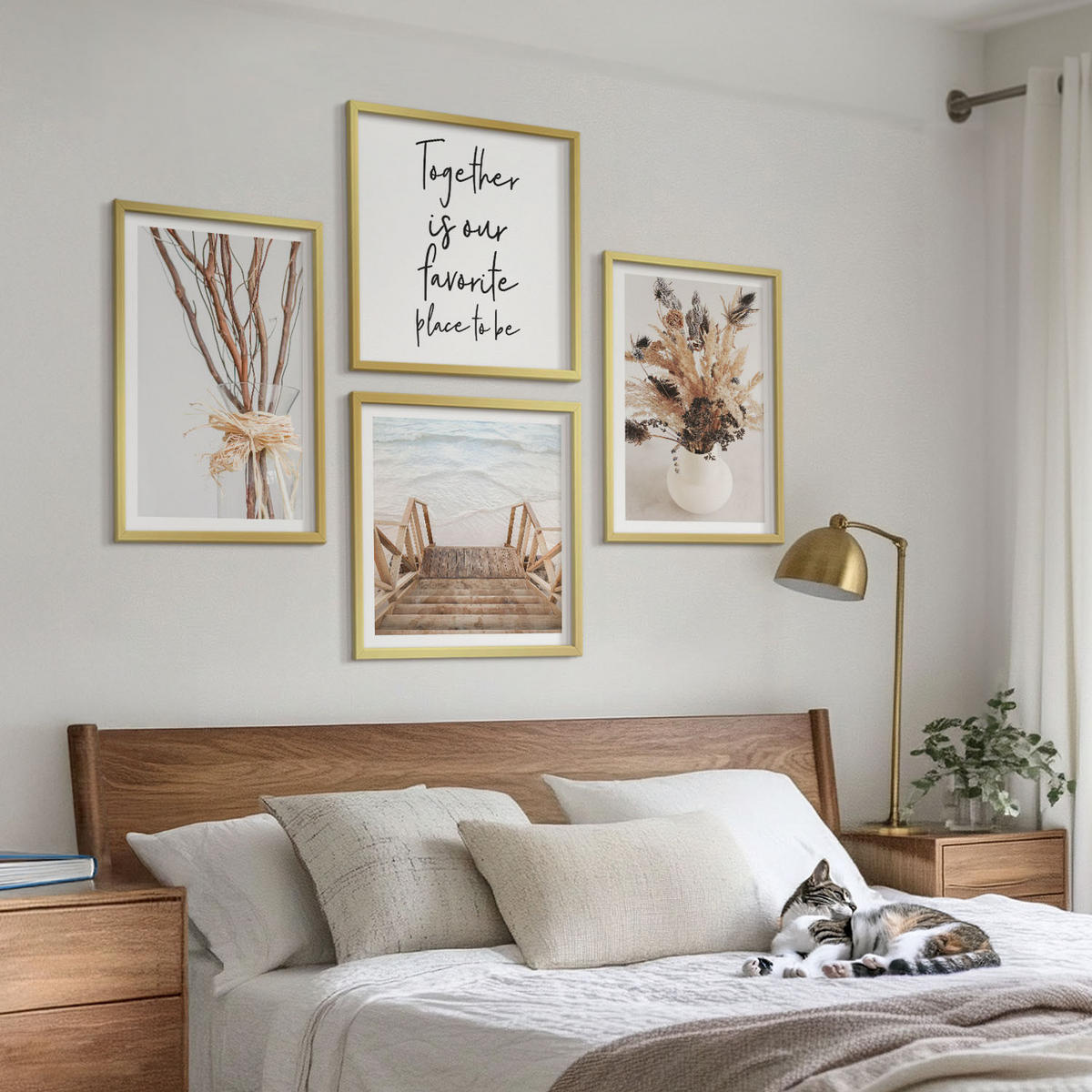 BILDER SET 4er Set - 50x50 cm & 40x60 cm Goldrahmen - Blumenzweige Minimalismus Natur - Goldfarben, Kunststoff (50/50cm) - TULUP