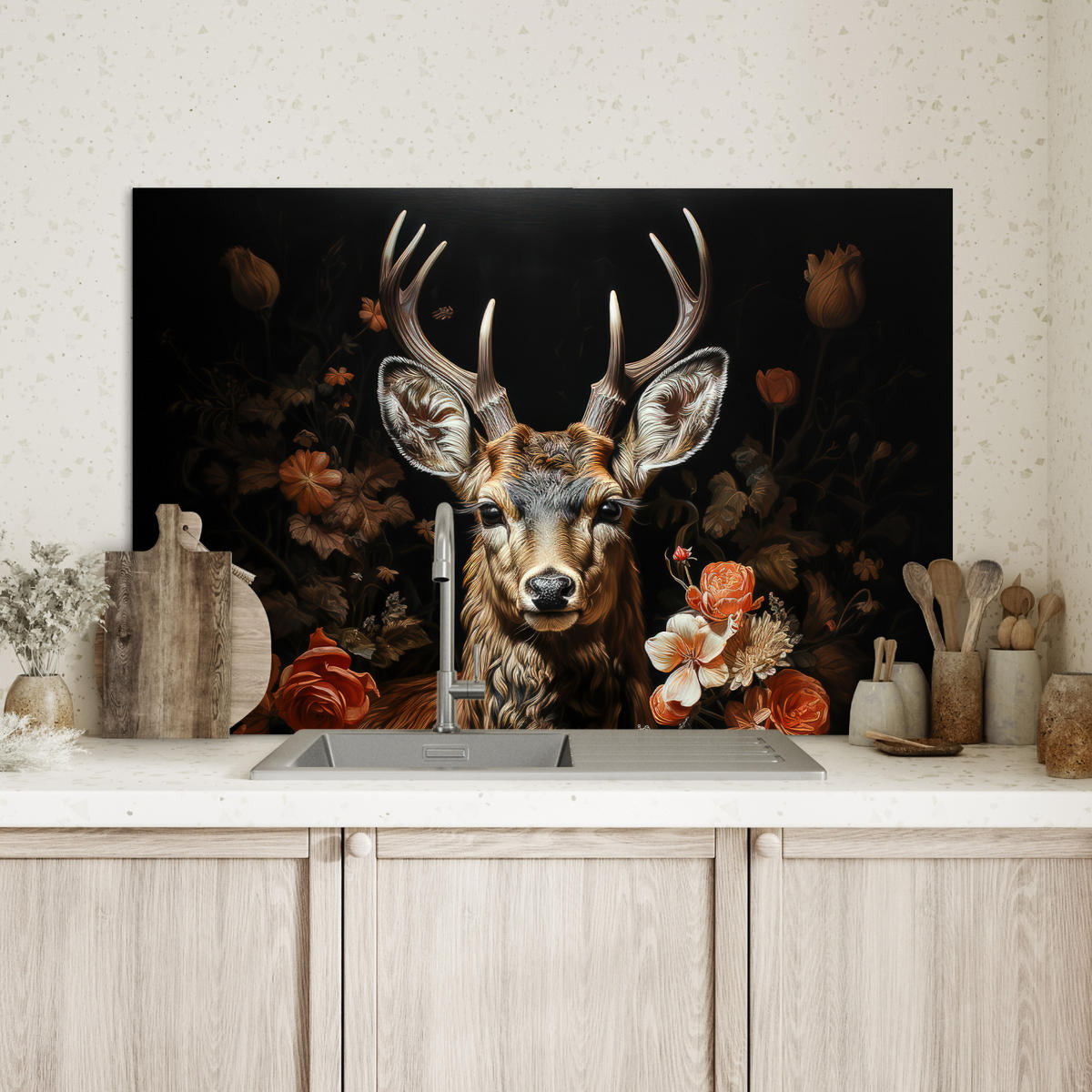 SPRITZSCHUTZ KÜCHE Hirsch - Tier - Blumen - Natur - Botanisch 80x55 cm - Kupferfarben, Metall (80/0.3/55cm) - MuchoWow
