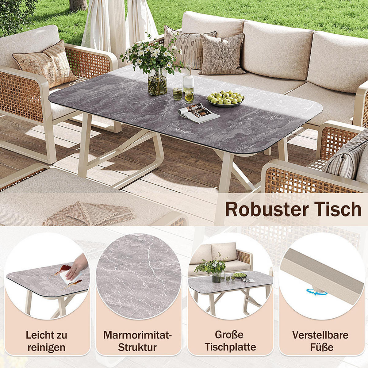 GARTENMÖBELSET für 6-7 Personen,PE-Rattan Sitzgruppe in Beige - Beige, Metall